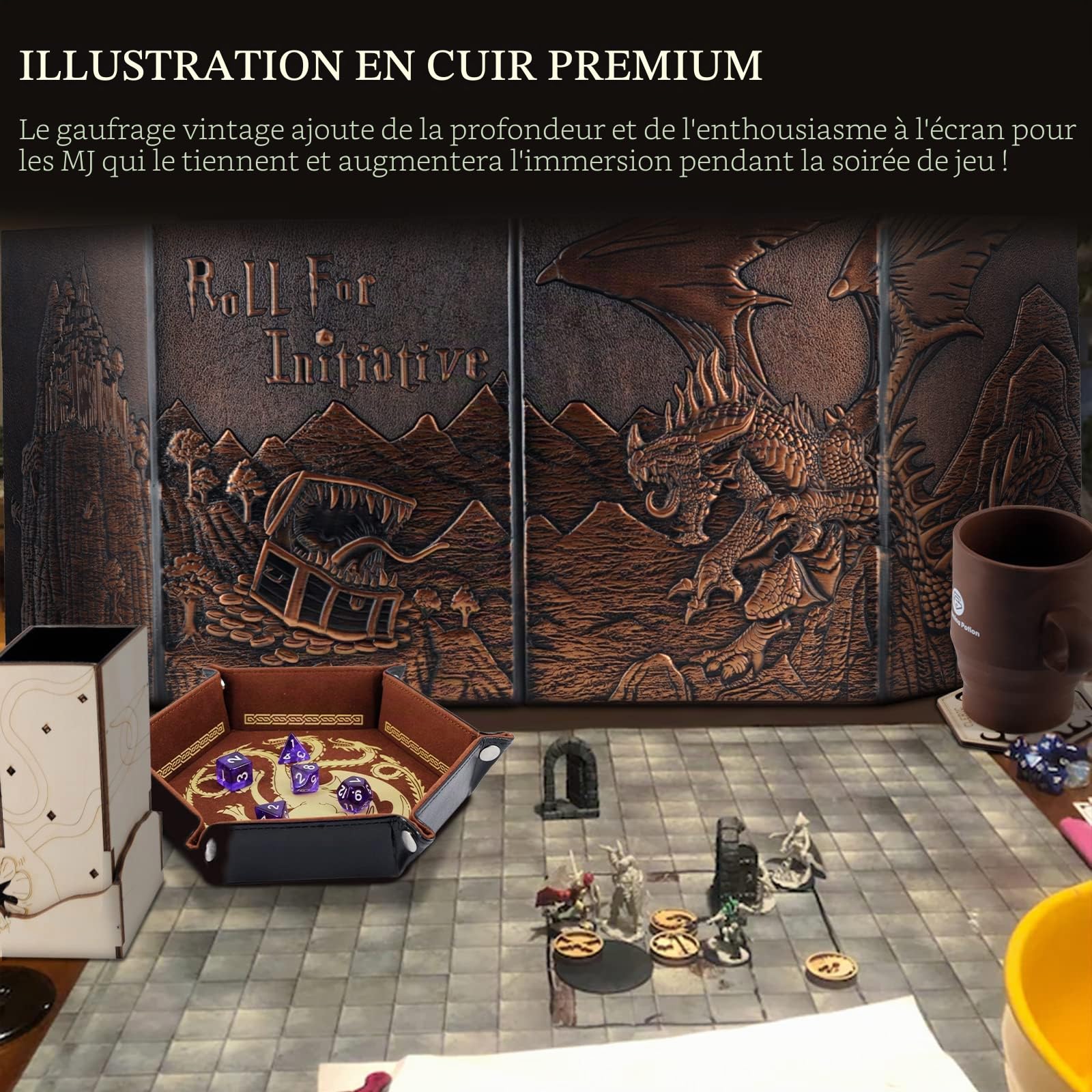 DND Dungeon Master Paravent en Similicuir gaufré Dragon & Mimic, Quatre Panneaux avec Poches, écran DM pour Donjons et Dragon, Pathfinder, D&D