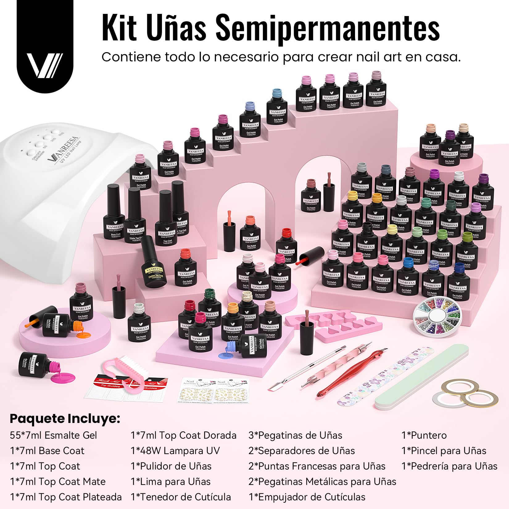 VANREESA Kit Uñas Semipermanentes, 55 Colores Uñas Semipermanentes Kit Completo con Top Base Mate Purpurina Coat Lampara UV Uñas 48W y Herramientas para Manicura, Nail Art Regalo para Principiantes