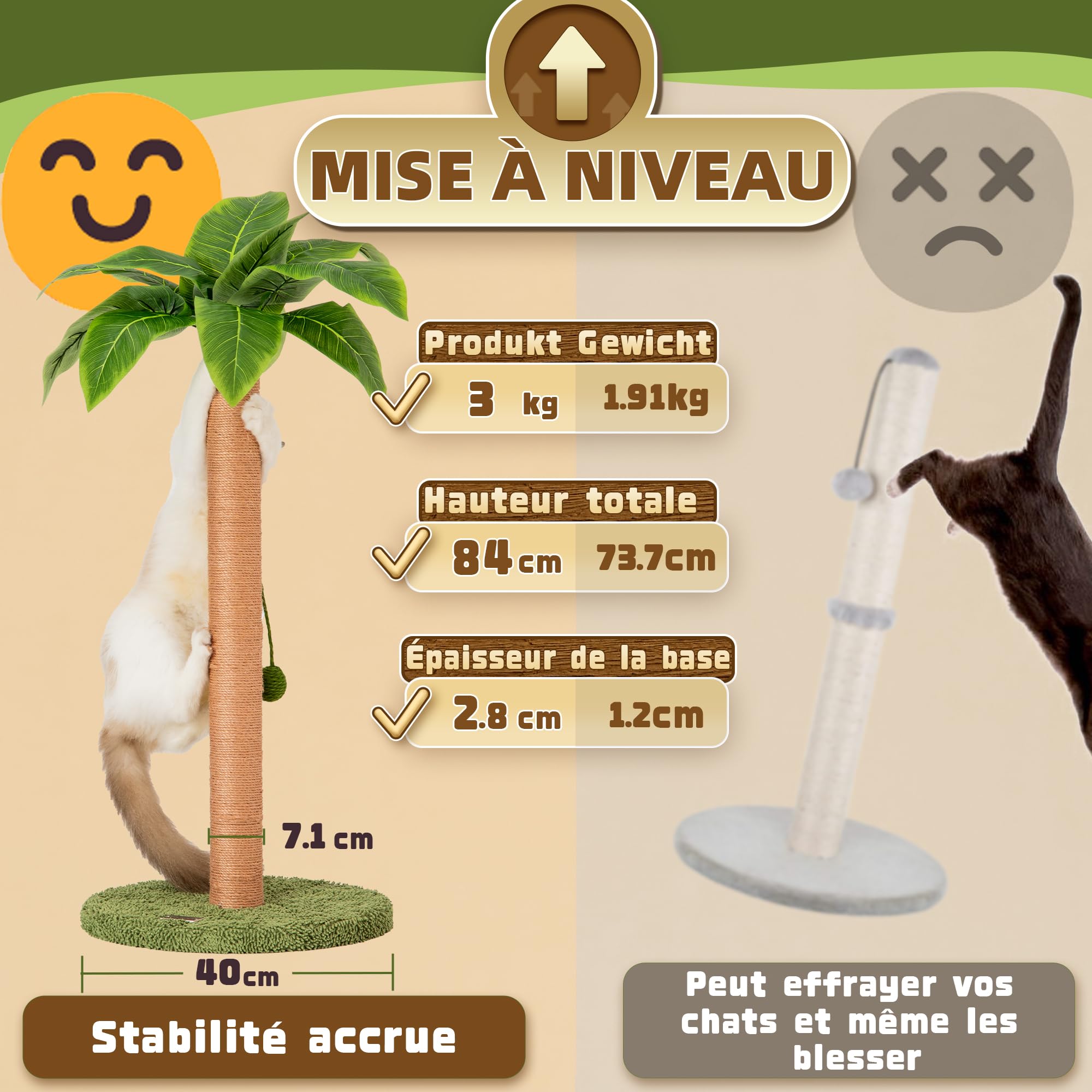 Meowoou Griffoir pour Chat, 84 cm Mignon Grattoir avec Corde Sisal d'Intérieur Palmier avec Balles Suspendues pour Petit, Moyen ou Grand Chat