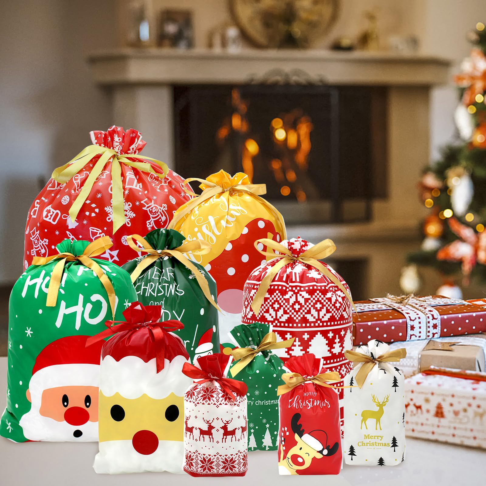 CH HAICHENG Lot de 36 sacs cadeaux de Noël réutilisables en plastique avec cordon de serrage - Tailles L, M, S