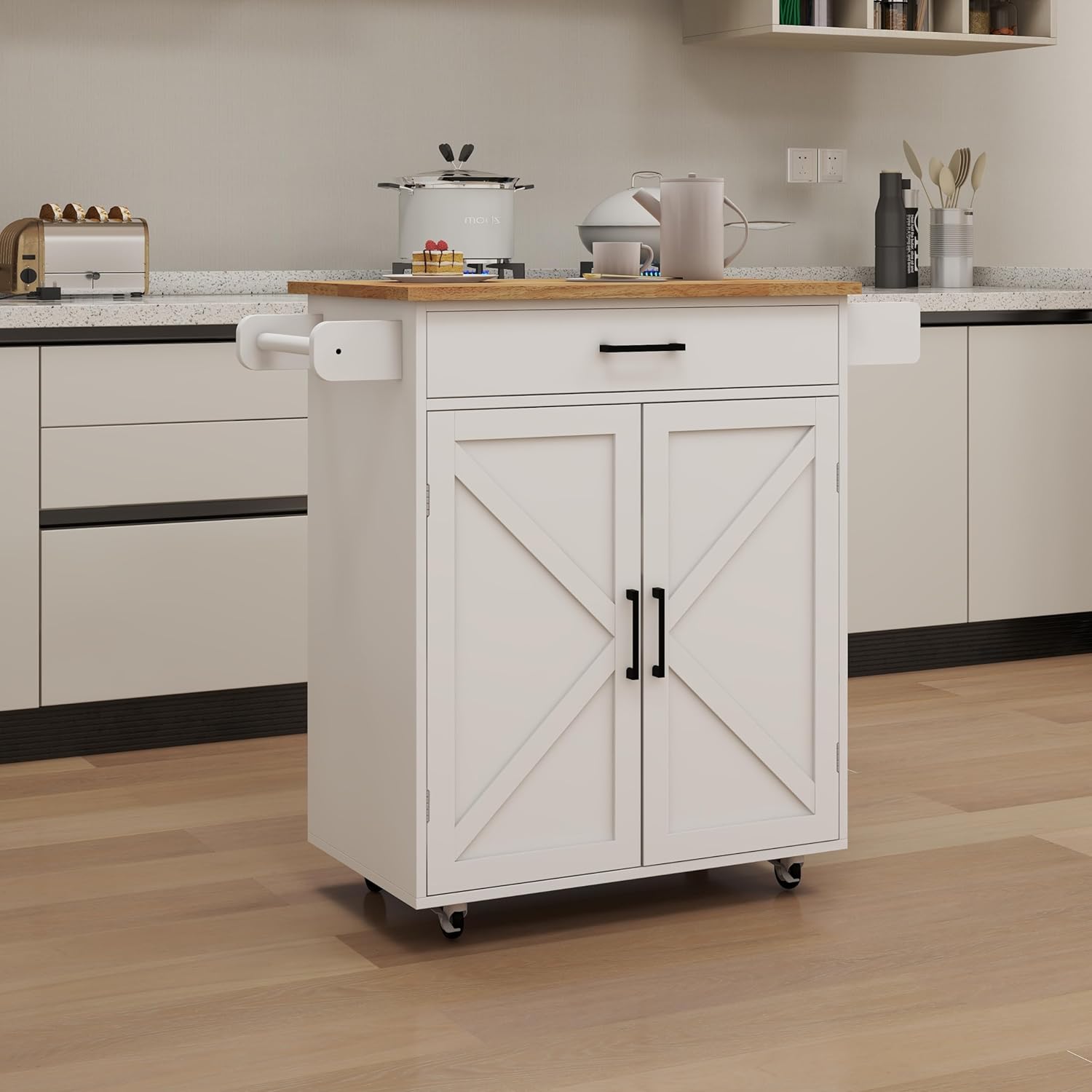 Ball & Cast Farmhouse Style Kitchen Island with Rolling Wheels,Indoor Kitchen Islands with Towel and Spice Racks,2 Doors & 1 Drawer,Kitchen Storage Cart W/Adjustable Shelf,for Kitchen,White
