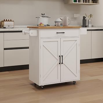 Kitchen Island Rolling Trolley cart with Adjustable Shelves & Towel Rack & Seasoning Rack Rubber Wood Table top-White