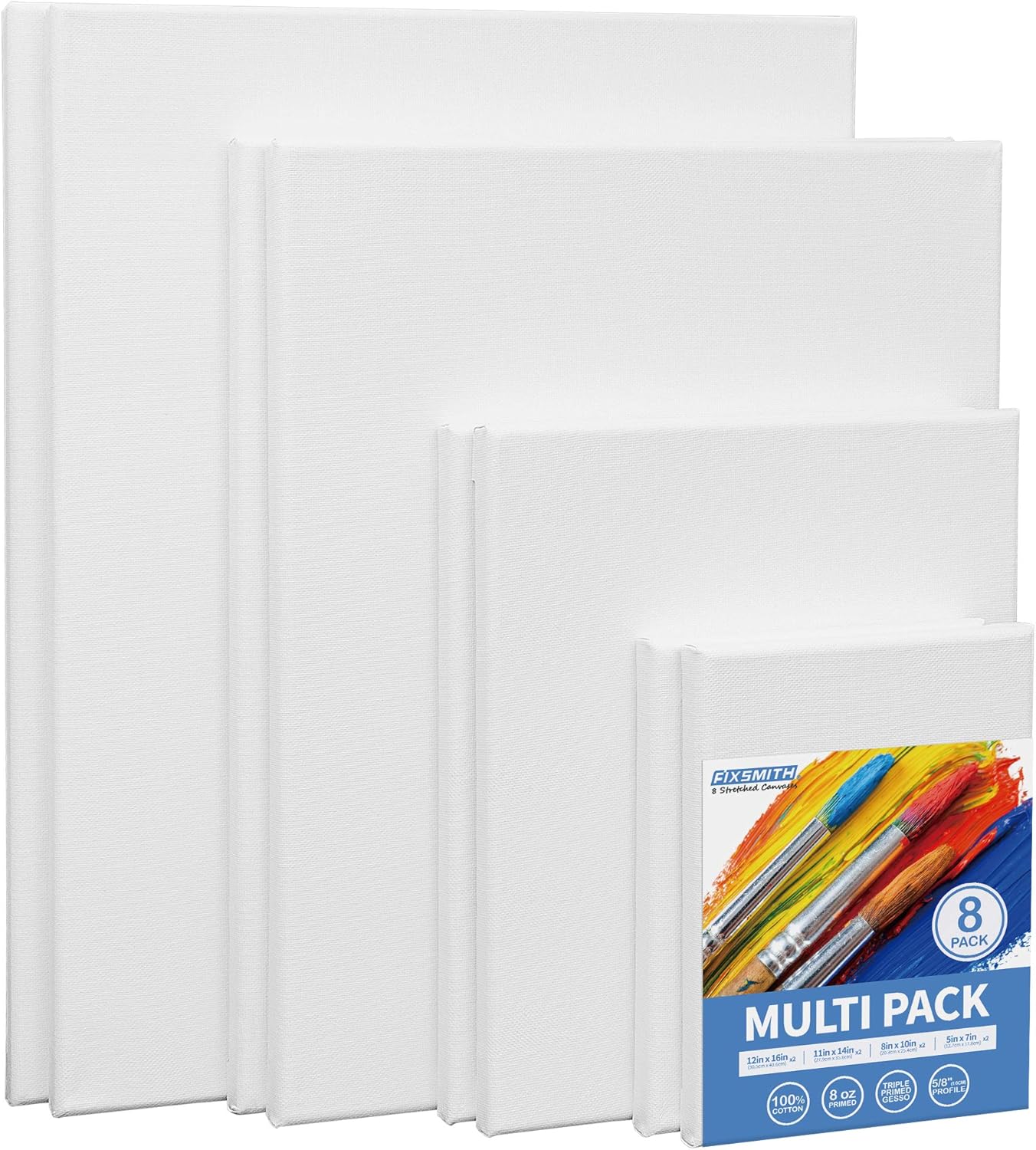 FIXSMITH Stretched Canvas, Multipack of 8, 5x7, 8x10, 11x14 & 12x16