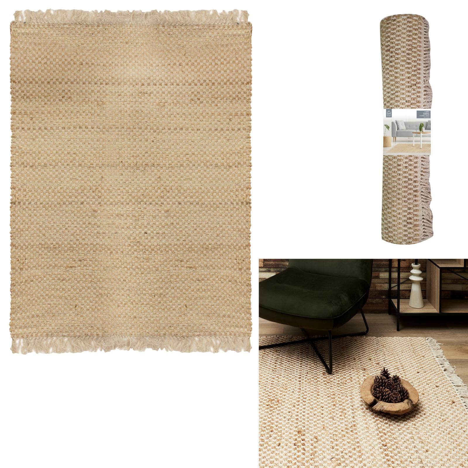 HOME DECO FACTORY - Tx9026 - Tapis en Toile de Jute avec Franges 120X170 cm Deco Textile D'Interieur Tapis Decoration
