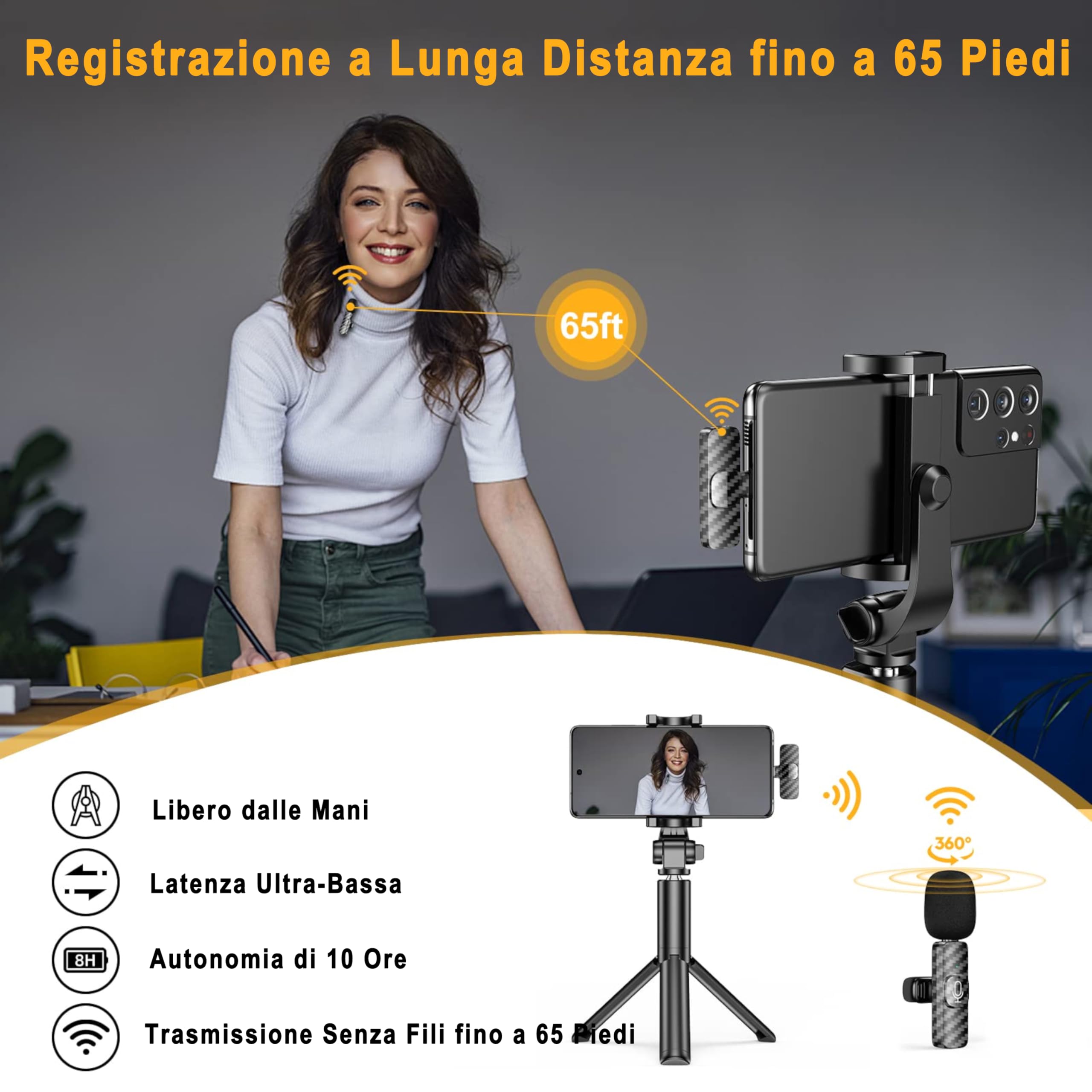 Microfono Lavalier Wireless Per Smartphone - Plug &amp; Play, Riduzione Rumore, Per TikTok/YouTube