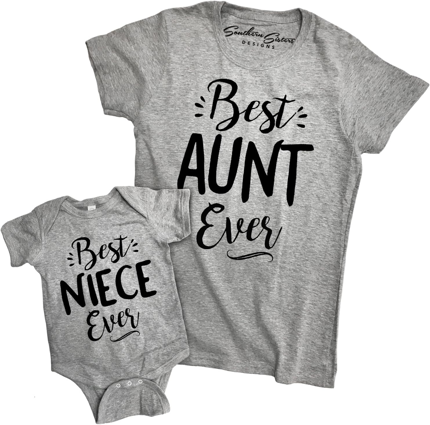 Southern Designs Best Aunt and Niece Ever Matching Romper and Fashion Tee Heather Gray