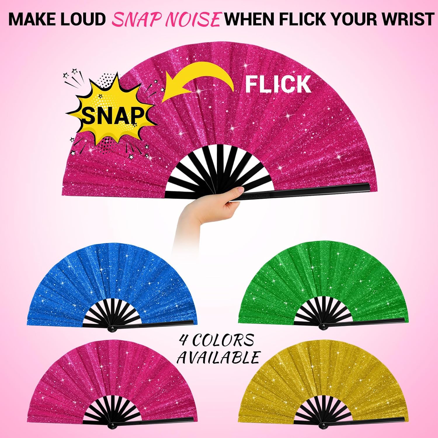 Blulu 4 Pcs 13 Inch Large Folding Hand Fans Bulk Giant Clapping Popping Rave Fans Foldable for Line Dancing Festival Party Decoration(Glitter Colorful,Chic Style)