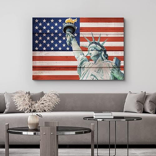 Miniatura 4 de wall26 Lienzo impreso para pared, estatua de la libertad, bandera estadounidense de Estados Unidos, 4 de julio, paneles de madera, arte moderno,