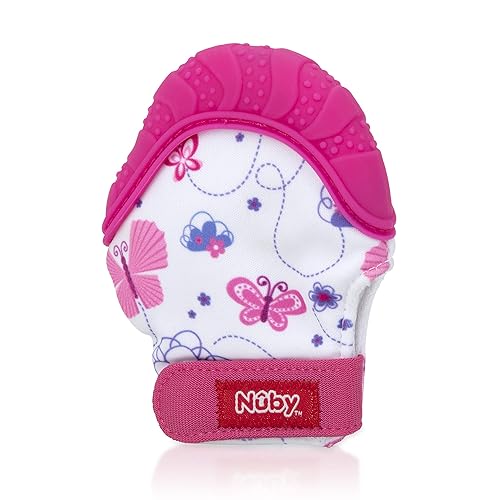 Nuby Manopla calmante para la dentición con bolsa de viaje higiénica, color rosa.