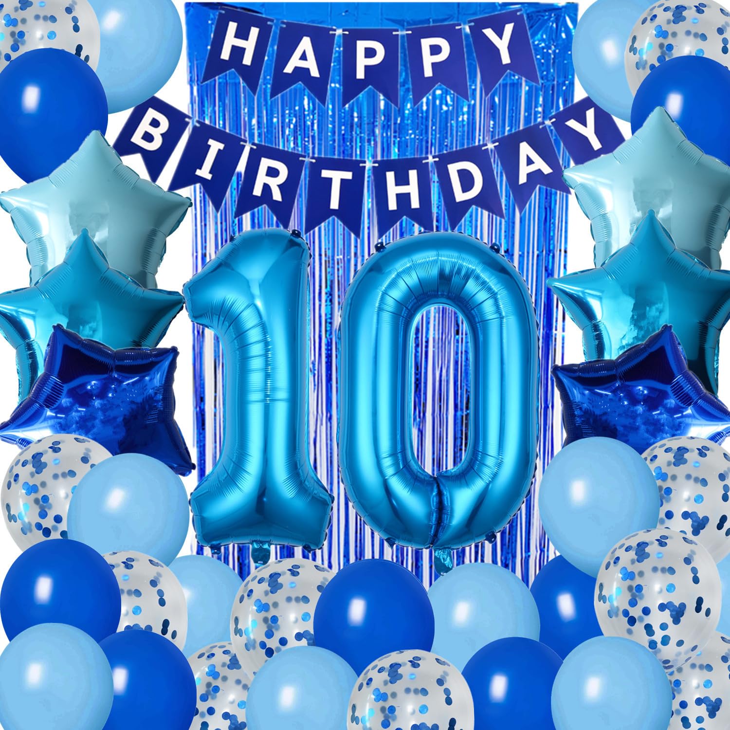 10th Birthday Decorations for Boys Blue Happy 10th Birthday Banner Tenth Bday Supplies 32inch Number 10 Balloons Fringe Curtain 10 Years Old Bday