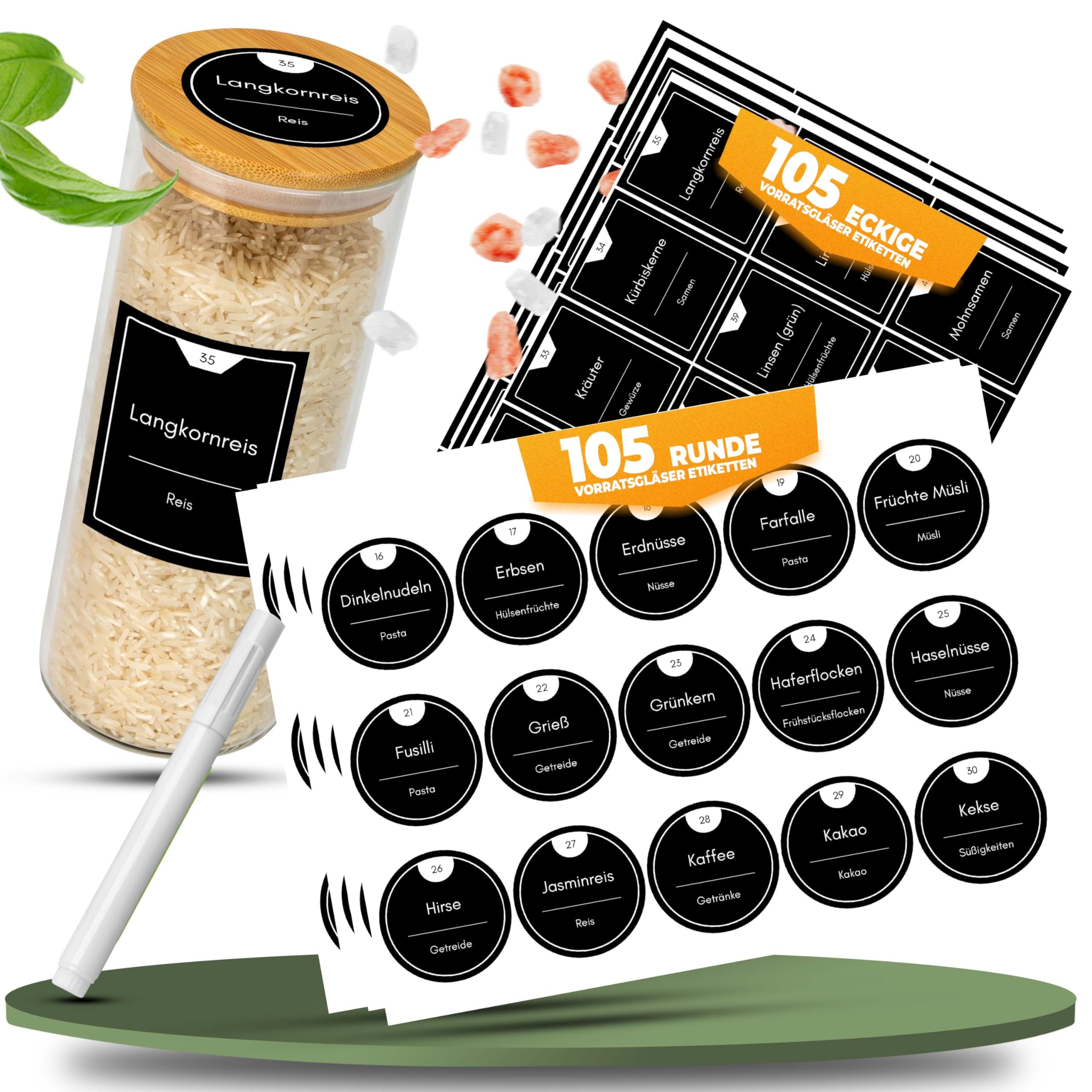 CLIDOR schwarze Vorratsetiketten selbstklebend, 210 Stück, Wasserfeste Aufkleber, Vorbeschriftet & Blanko, inkl. Marker zum Beschriften, Etiketten in Rund & Eckig, CLIDOR Vorratsgläser kompatibel