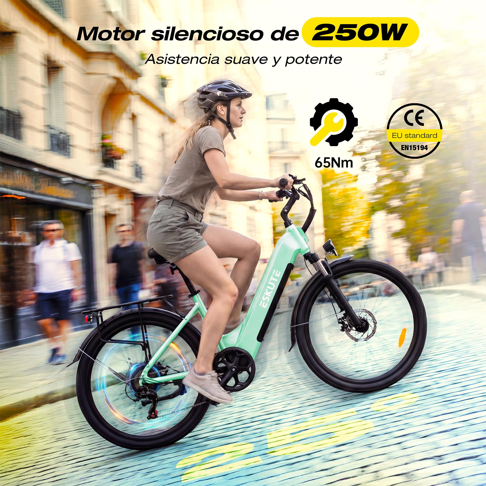 ESKUTE C202 - Bicicleta eléctrica de 48 V y 17,5 Ah, para adultos de 26 pulgadas, batería extraíble, bicicleta eléctrica de ciudad para viajeros, cambio de 7 velocidades, 25 km/h, autonomía hasta 110