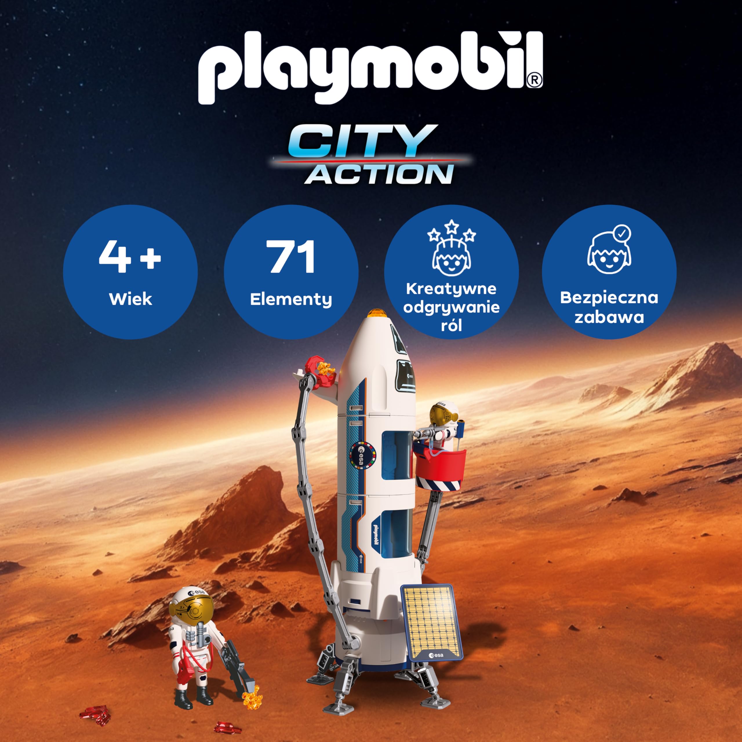 PLAYMOBIL Space ESA Mars Research Rocket | Modułowa rakieta z platformą startową i 2 astronautami | Wysokiej jakości zestaw zabawek kosmicznych | Dla dzieci w wieku od 4 lat | 72011