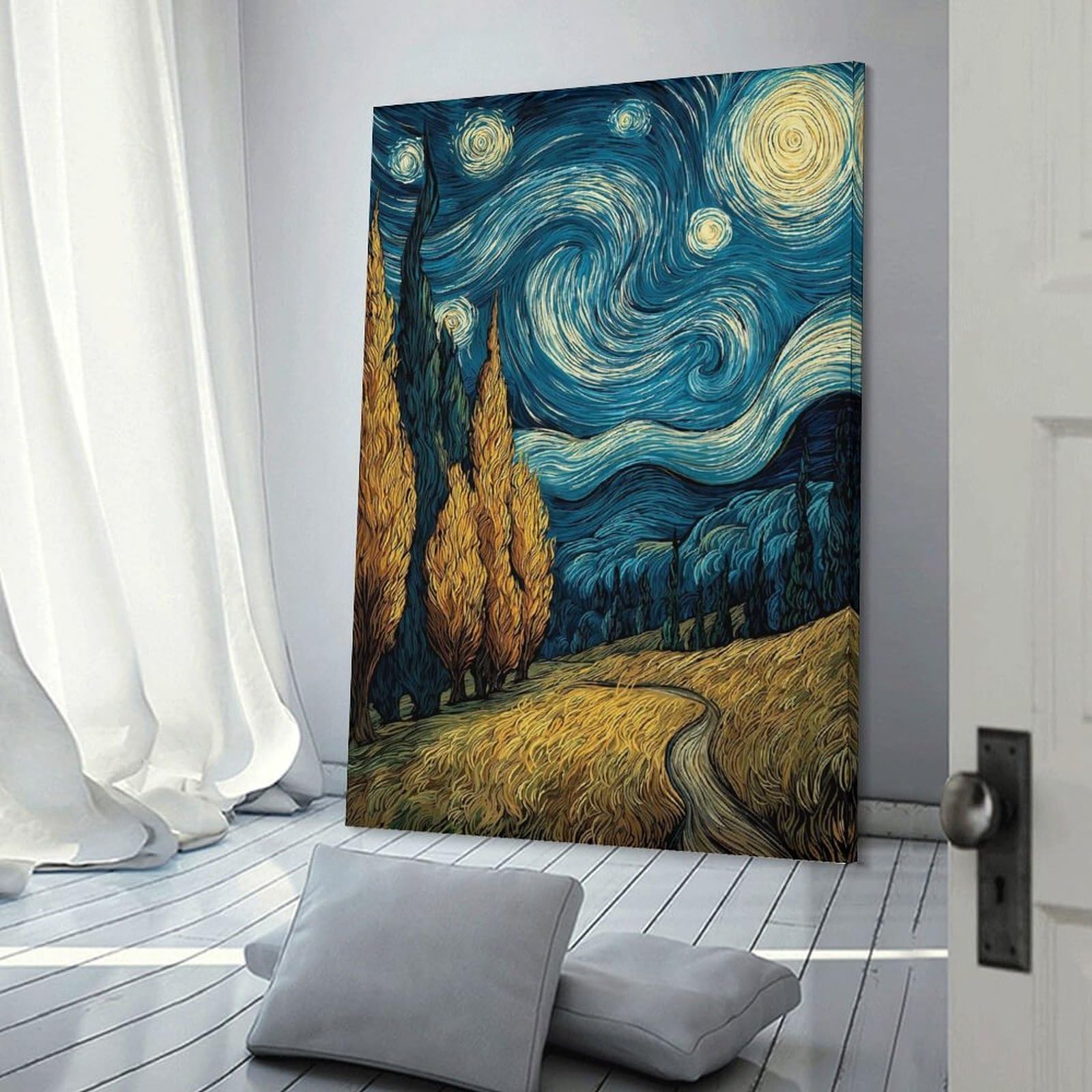 Junmoney Frame-Style Canvas Art Print Starry Night Inspired Landscape Painting, 08X12inch(20X30cm), For Contemporary Homes, Apartments Or Offices, Decorative Canvas Decor For Home Updates