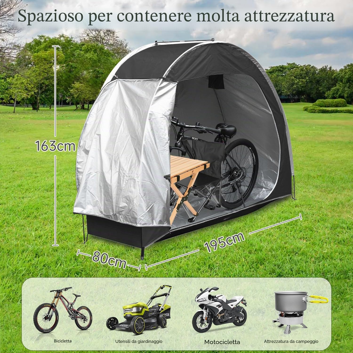 Tenda da bicicletta, impermeabile, portatile, da campeggio, per biciclette, garage, per esterni, per biciclette, moto, attrezzi da giardino, colore nero