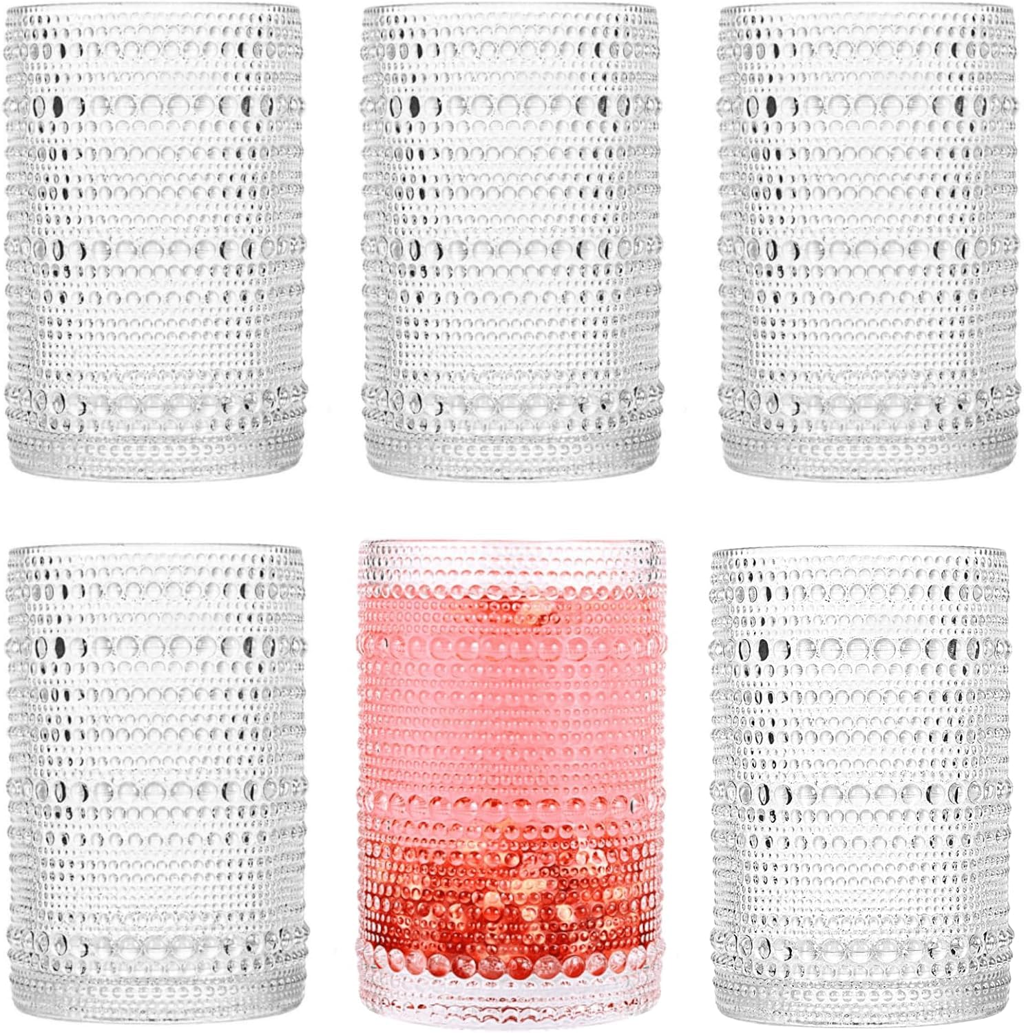 Vintage 13oz Hobnail Juice Glasses Set of 6 Tall Bar Drinkware with Embossed Crystal Design Set of 6