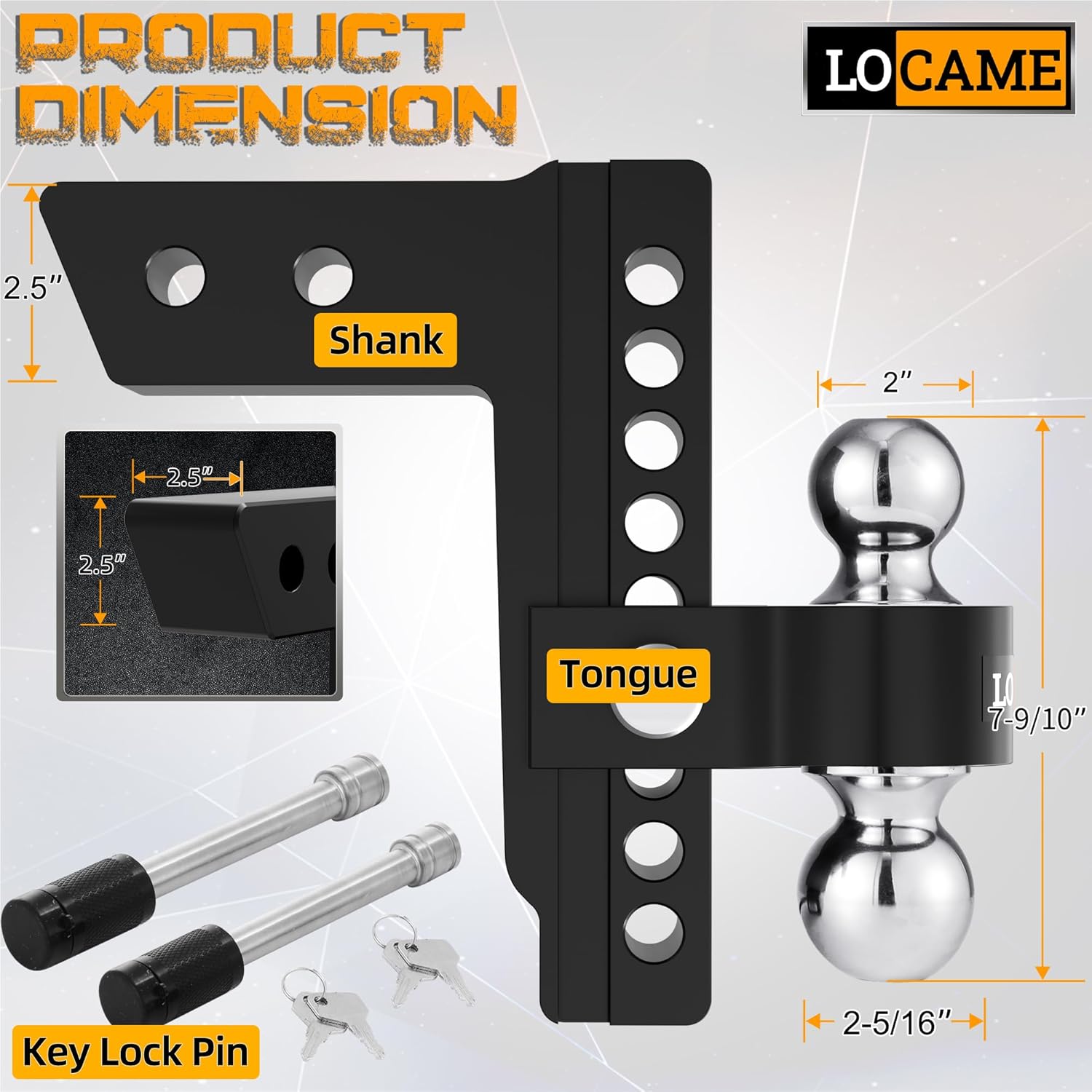 LOCAME Adjustable Trailer Hitch, Fits 2.5-Inch Receiver Only, 8-Inch Drop Aluminum Drop Hitch,18,500 LBS GTW-Tow Hitch for Heavy Duty Truck with Double Stainless Steel Locks, Black, LC0019