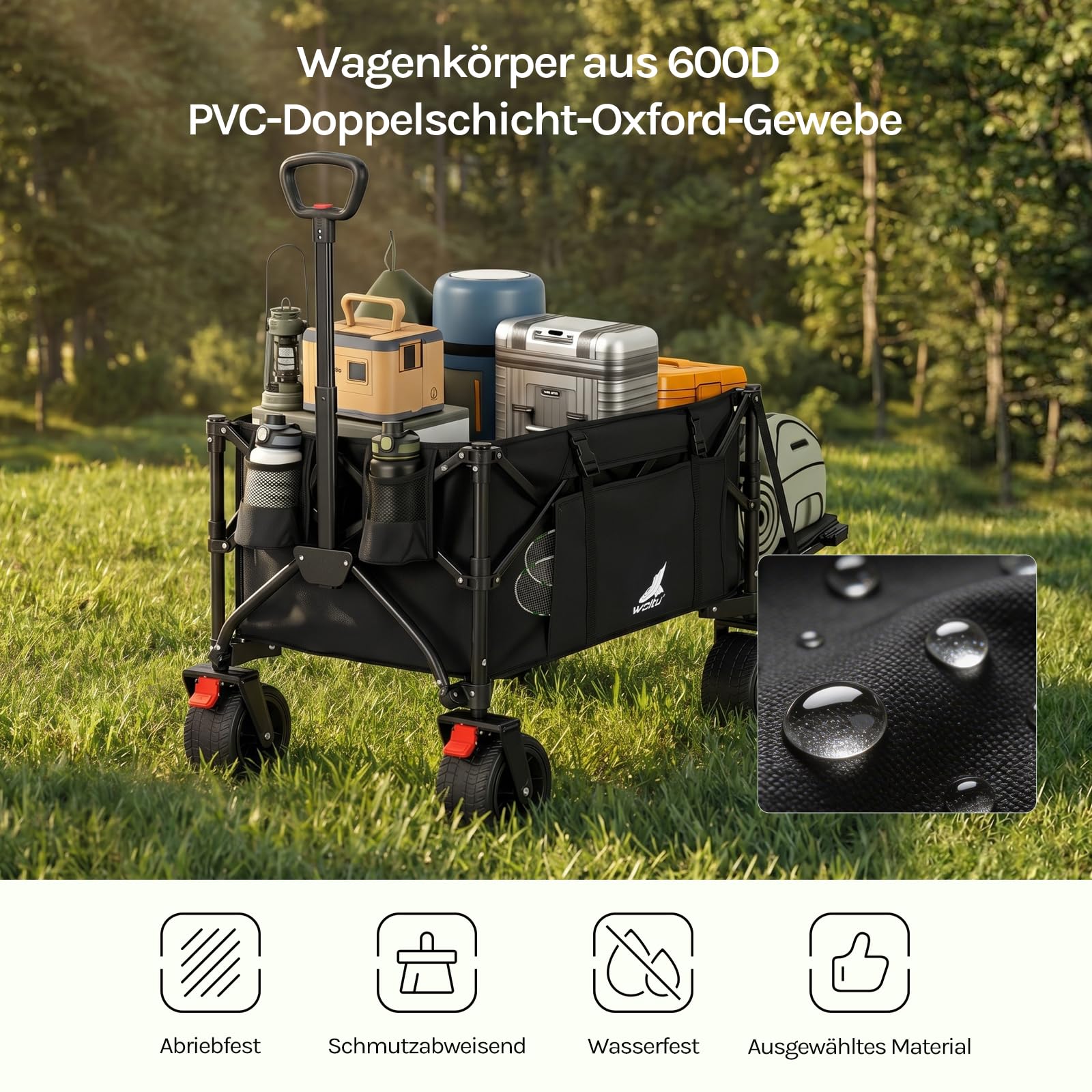 WOLTU Bollerwagen faltbar, Campingwagen 205 L, Tragkraft 180 kg, mit 4 großen Rädern & Seitentasche & 2 Innentaschen & 2 Getränkehaltern, für Camping Strand Garten, Schwarz