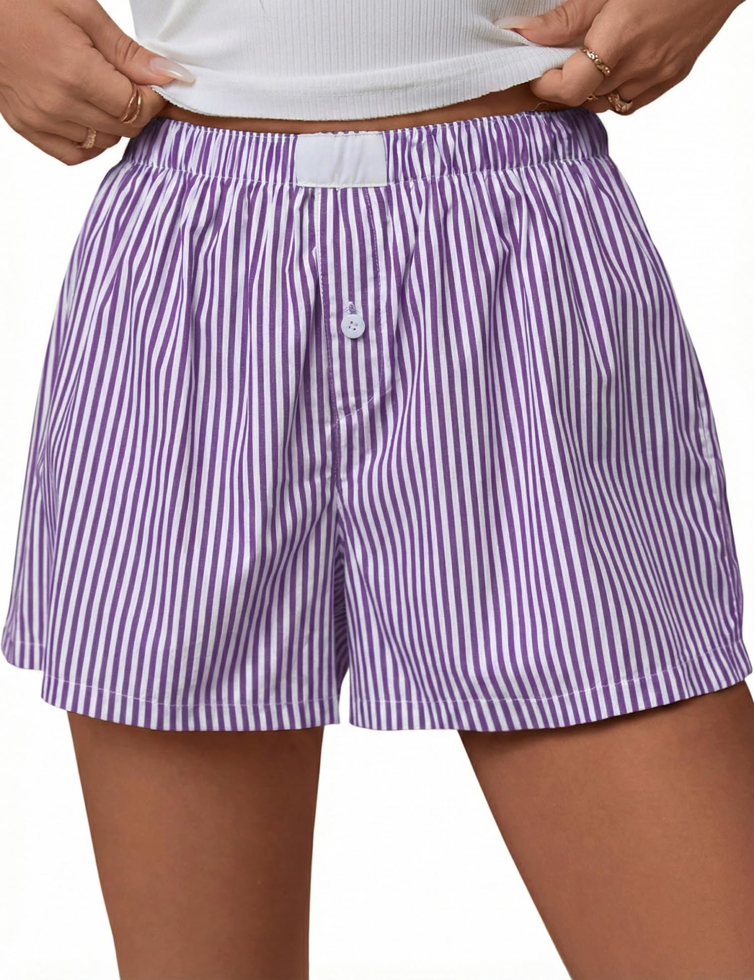Rapbin Boxershorts für Damen, gestreift, Baumwolle, lässig, für den Sommer 2026, kariert, elastische Taille, Pyjamahose