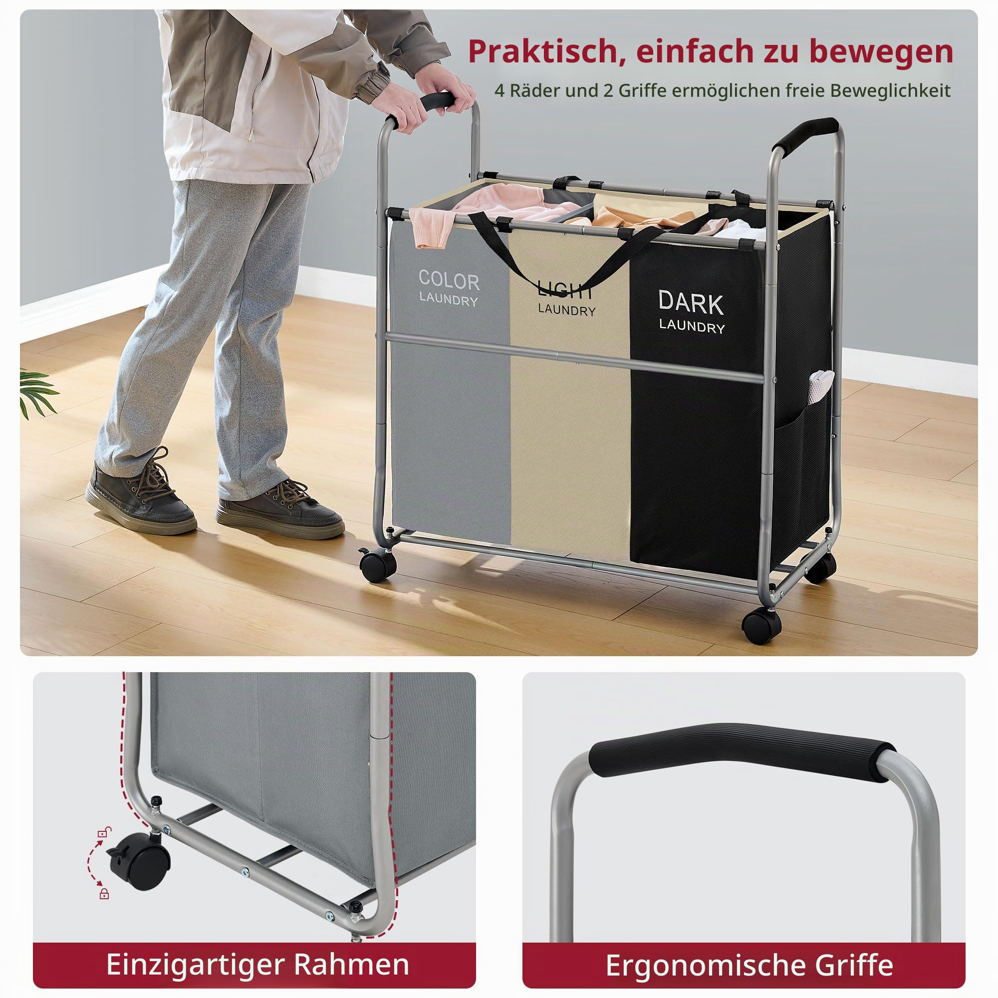 Tajsoon Wäschesammler 3 Fächer, Grau + Beige + Schwarz | Wäschesortierwagen, Robuste feststellbare Räder, Abnehmbare Taschen, Getrennter Wäschekorb