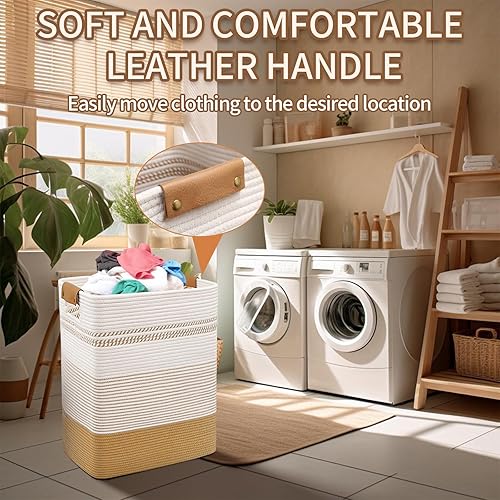 Miniatura 6 de DOFASAYI Cesta de lavandería grande de 85 litros con asas de cuero, cesta de almacenamiento decorativa para mantas, cesta de ropa para sala de