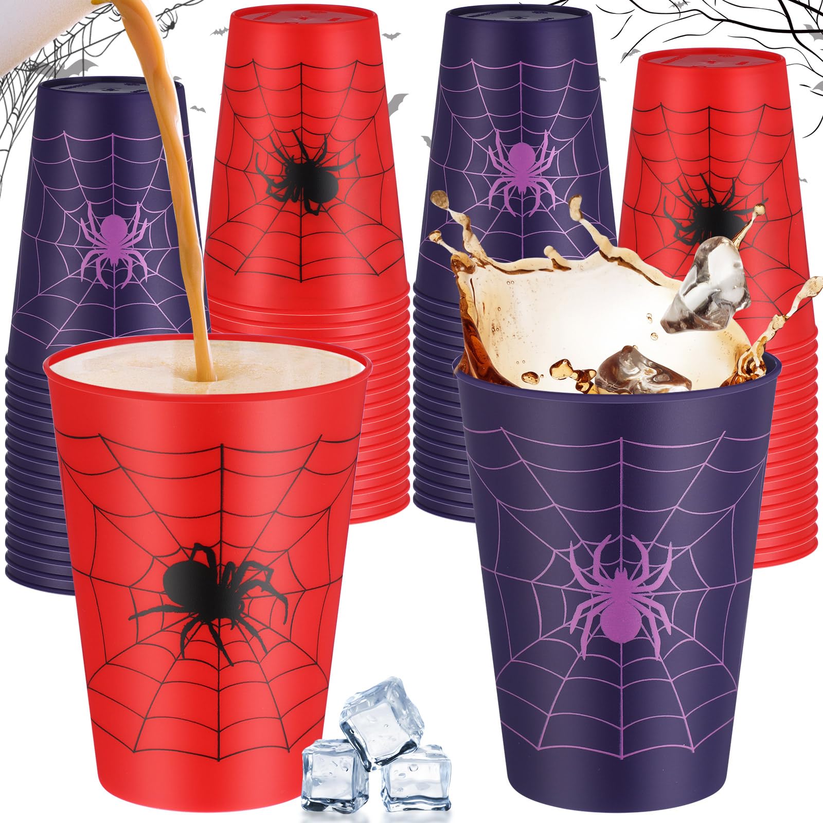 Irenare 48 Pcs Halloween Spider Plastic Cups Disposable Essentials Supplies Spider Web Cups Bulk Reusable Black Red and Purple Party Themed Birthday