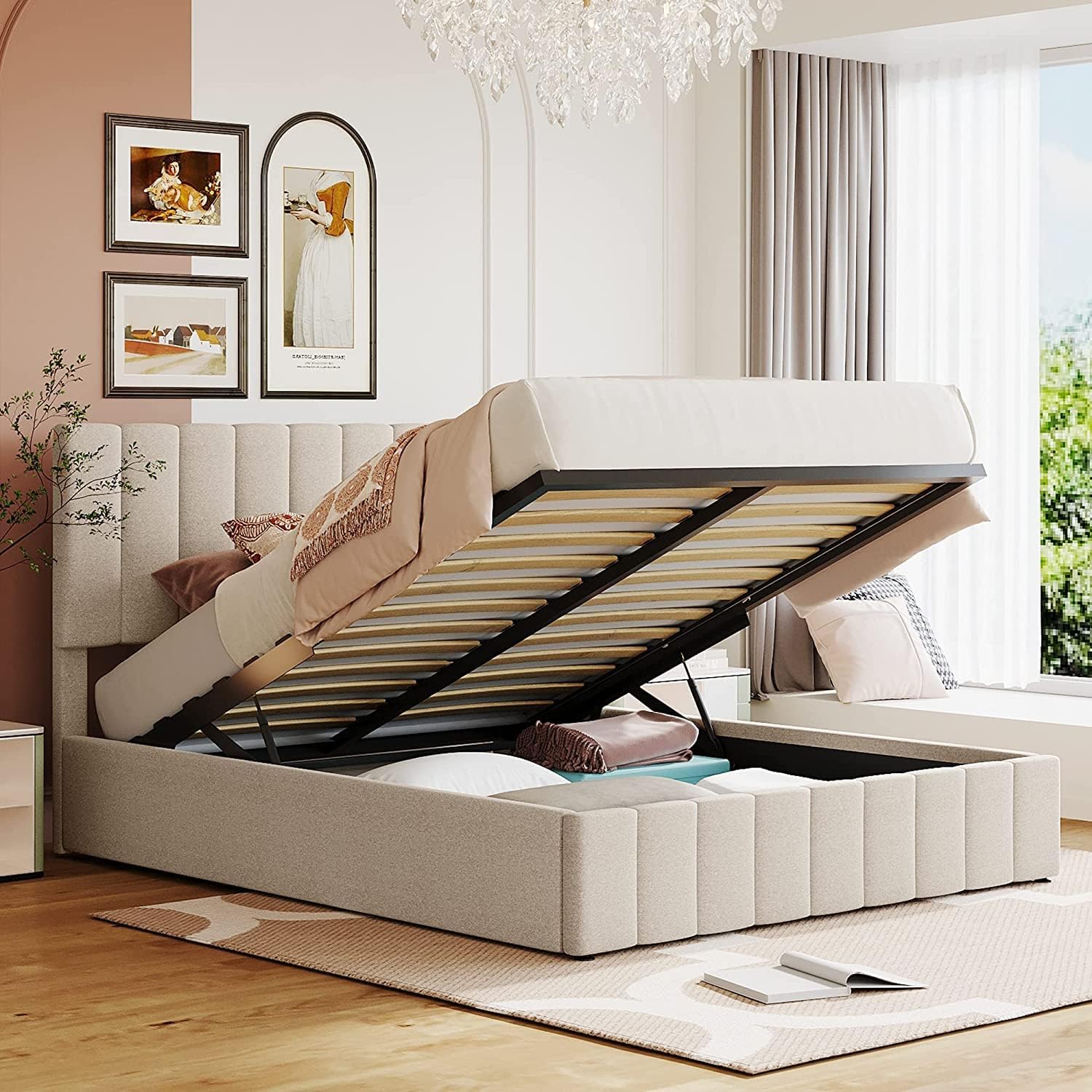 Lift Up Storage Bed with Hydraulic Support, Queen Size Upholstered Platform Bed with Hydraulic System and Slats Support for Teens Adults, No Box Spring Needed, Space Saving, Beige