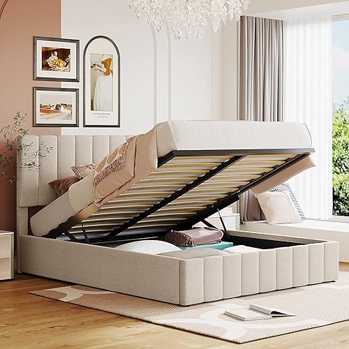 Miniatura 35 de Harper & Bright Designs Cama tapizada de plataforma matrimonial con almacenamiento elevable, marco de cama de tamaño matrimonial con almacenamiento