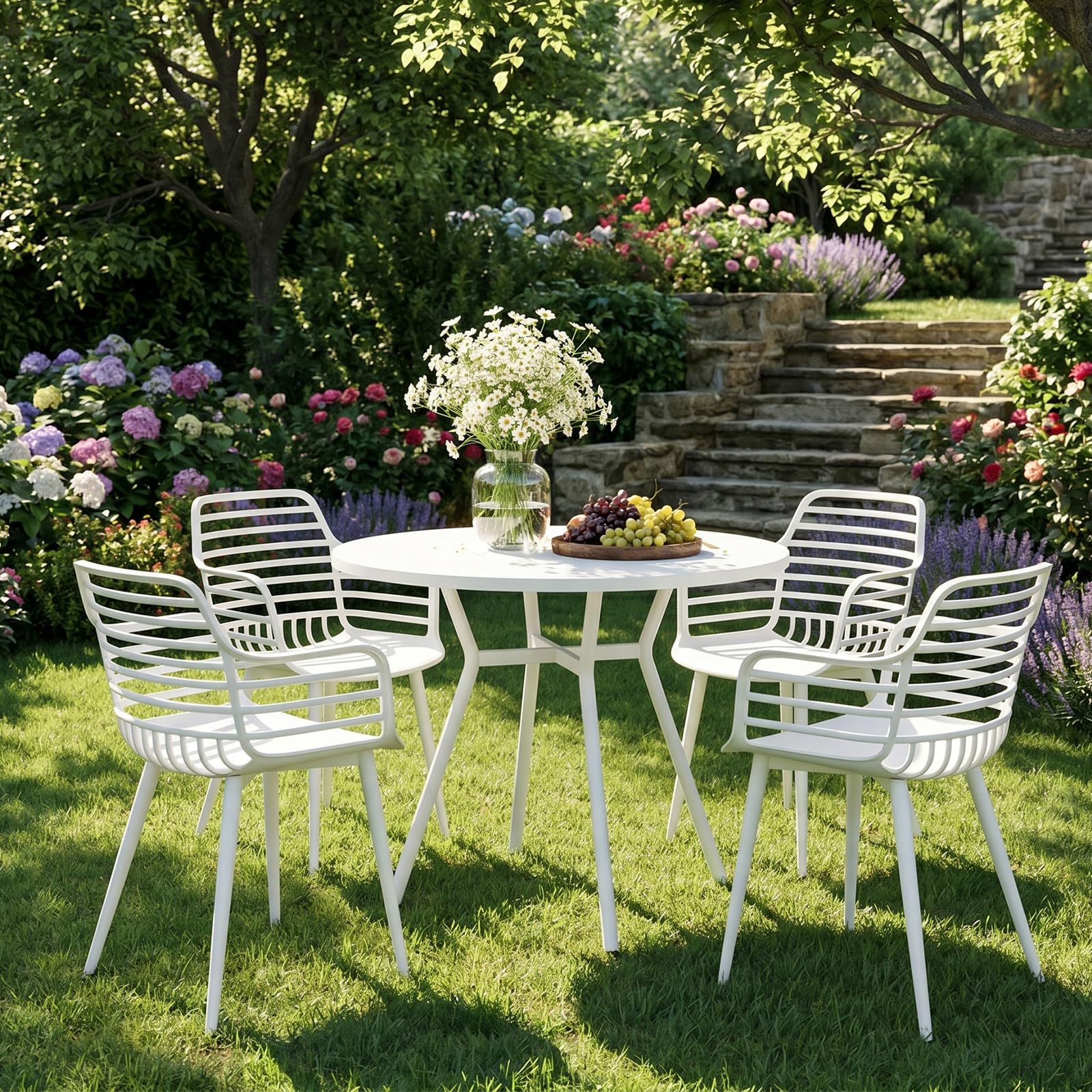 JIJIAN Essgruppe, Runder Weiß Esstisch mit 2 Weiß Armlehnenstühle, Durchmesser 80 cm, für Wohnzimmer, Café, Terrasse, Garten, Empfangsraum