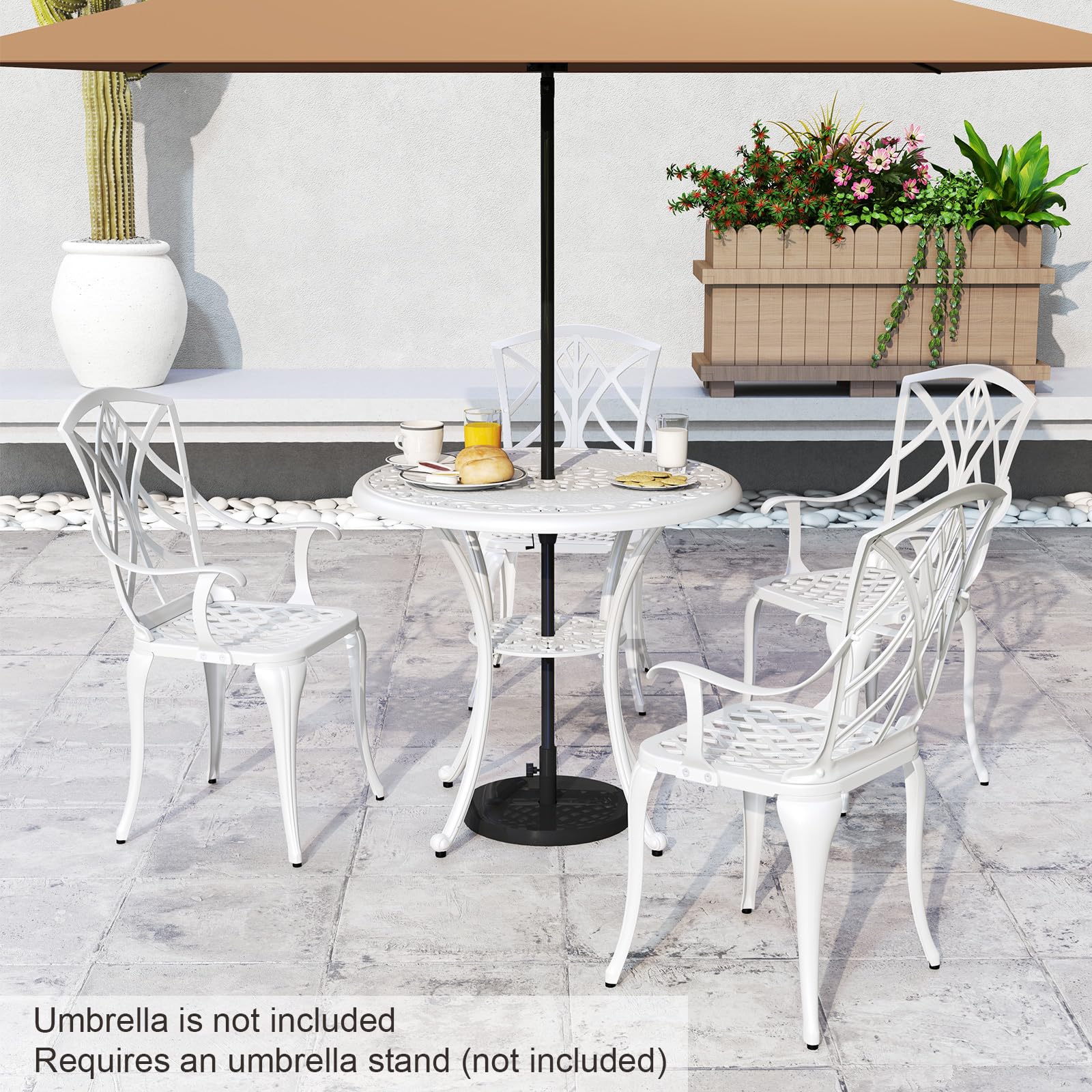 COSTWAY Mesa y Sillas Bistro, Aluminio Fundido, 1 Mesa con Orificio para Sombrilla y 4 Sillas, Conjunto Mesa y Sillas Jardin Balcon Terraza (Floral)
