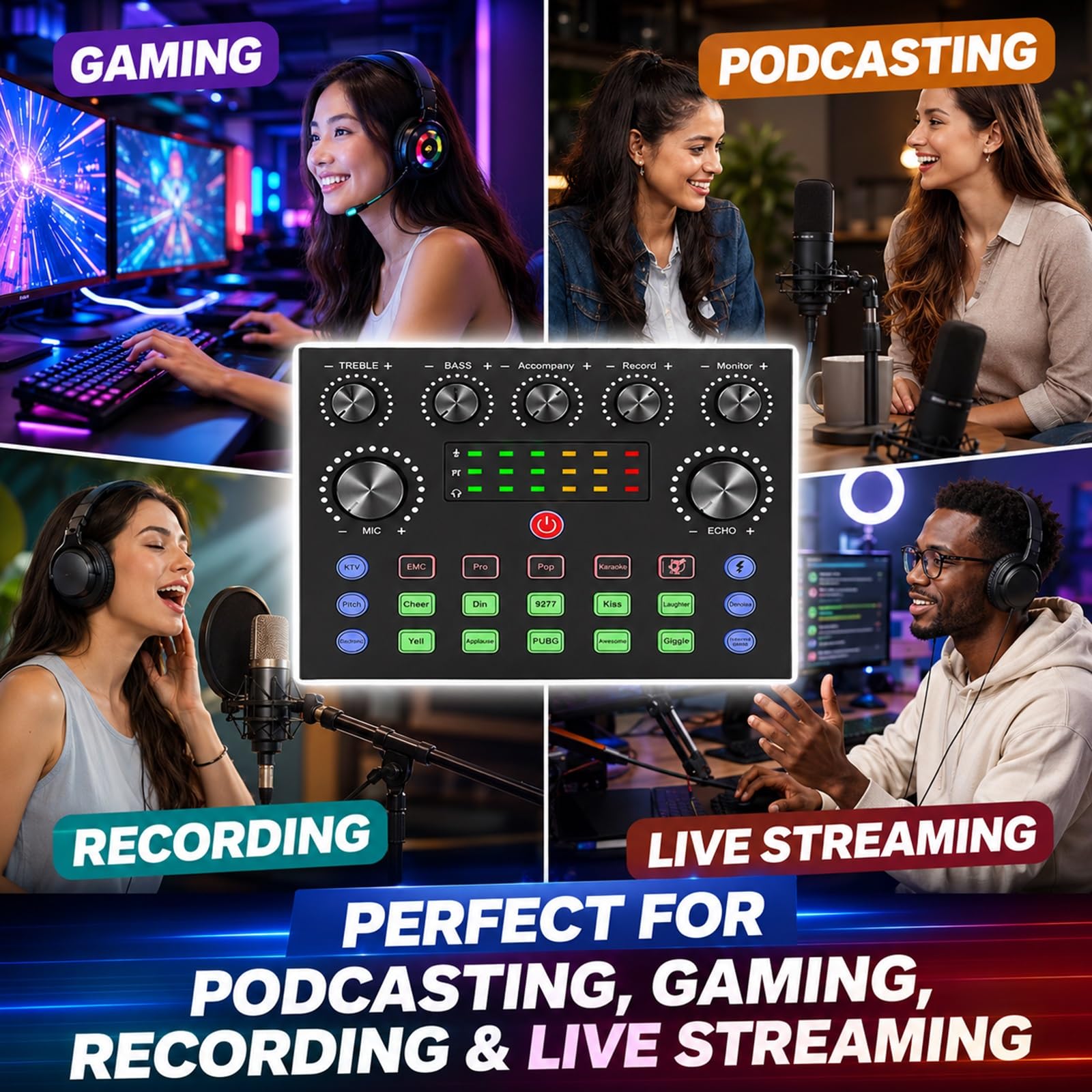 Interfaz De Audio Profesional Con 2 Micrófonos Condensador Y Tarjeta De Sonido Para DJ, Paquete De Equipo Para Podcast Para 2 Personas, Kit Podcast Para Principiantes Para Juegos De PC(Negro)