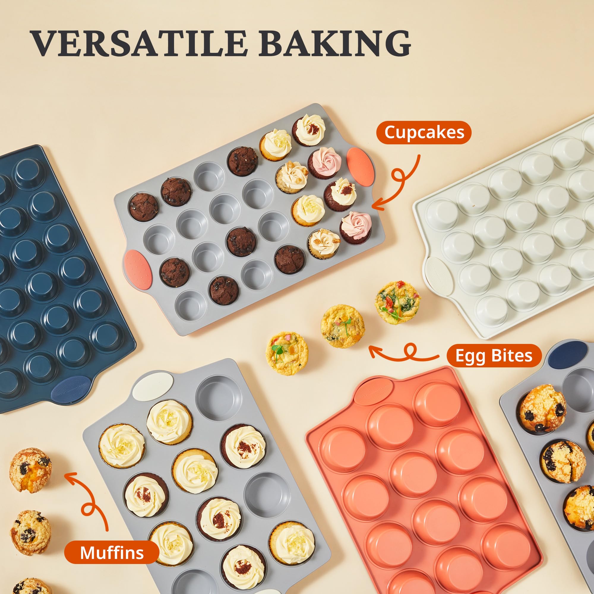 BRONYPRO Ceramic Muffin Pan, 12-Cup and 24-Cup Nonstick Aluminized Steel Mini Cupcake Pans, Healthy Non-Toxic Ceramic Coating Muffin Tin, 2 Pack Cup Cake Pans for Baking Cream