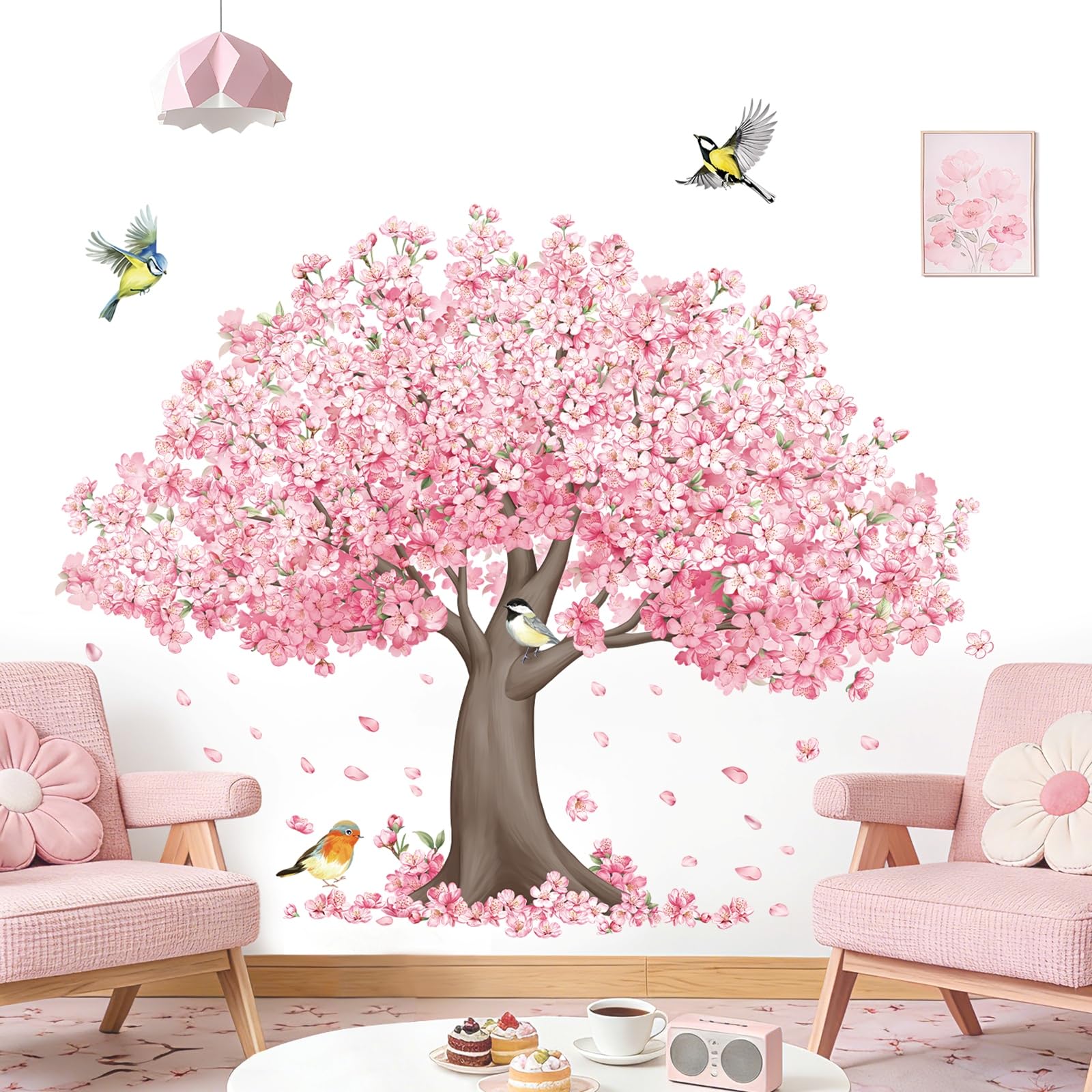 decalmile Stickers Muraux Grand Arbre Fleurs de Cerisier Autocollant Mural Floral Rose Oiseaux Décoration Murale Bébé Fille Chambre Enfants Pépinière - 2