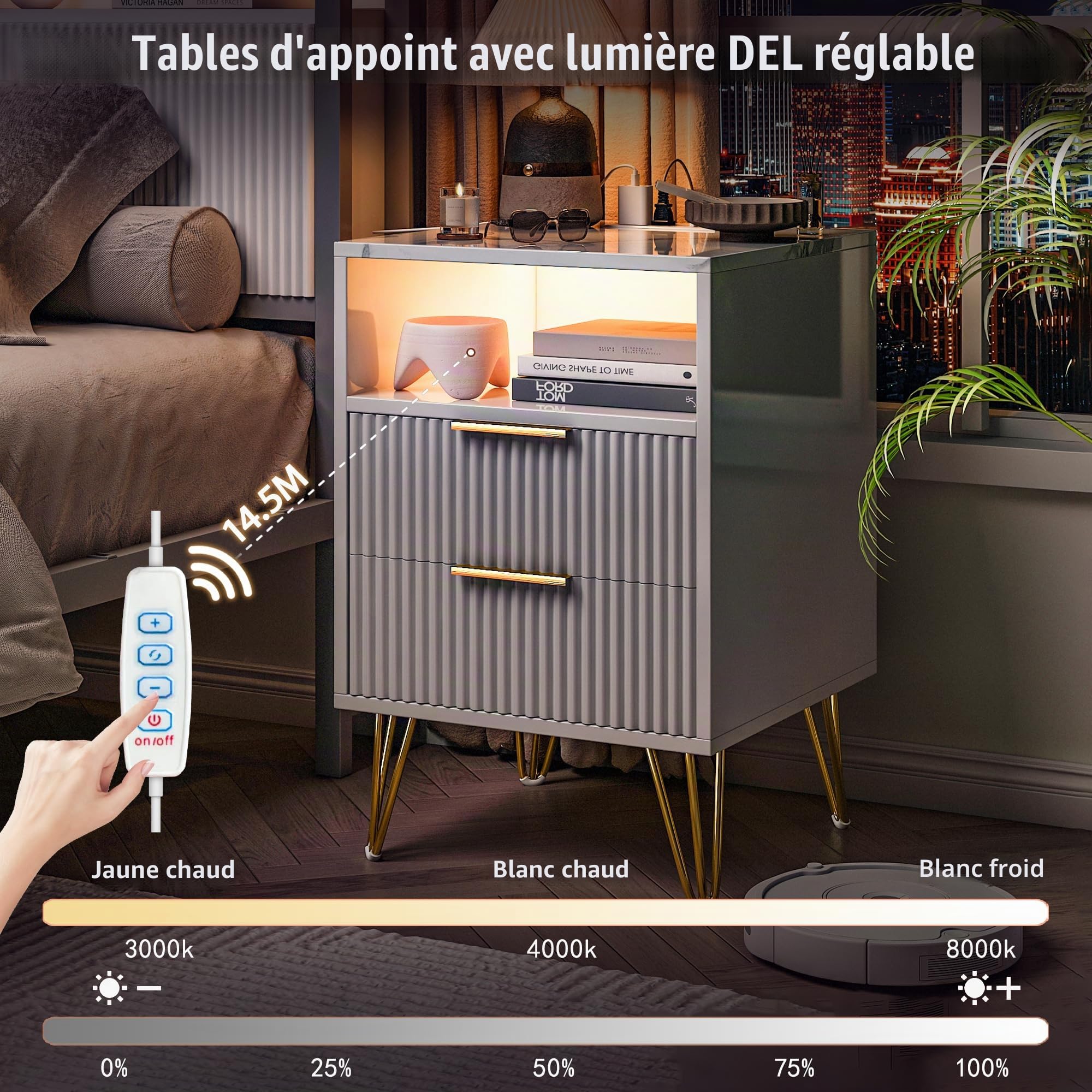 Table de Chevet Lot de 2 avec 2 Tiroirs, 60 cm Table de Nuit avec Lumière LED, Moderne et Polyvalente Table de Nuit avec Ports USB et Prises électriques pour Chambre, Salon, Bureau (Blanc)
