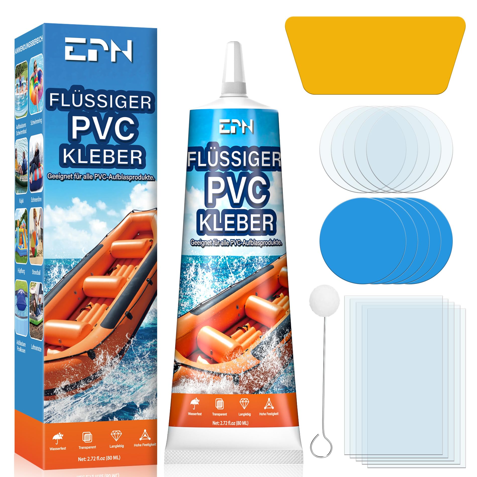 EPN Pool Reparaturset, Wasserdichtes Pool-Flickzeug und Vinyl-Reparaturset für Luftmatratzen, Schwimmringe, Zelte, Hüpfburgen, Whirlpools, Spielzeug, Schlauchboote und Kajaks (80 ml)