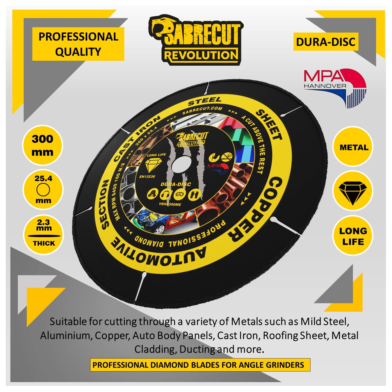 SabreCut 1pc VBSC300ME 300mm 22.23mm Eje Metal Disco sierra circular TCT | Industrial-grade vacuum-brazed diamond ofrece duradero corte en seco through ferrous y non-ferrous metals
