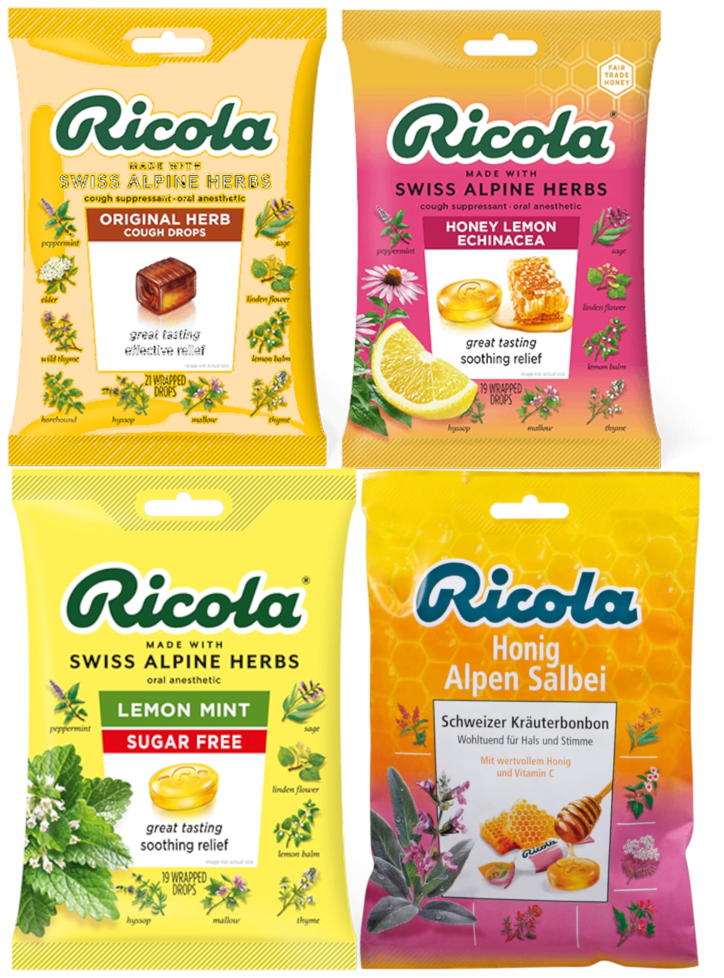 Ricola Cough Drops for Adults Variety Pack - Herb, Honey Lemon Echinacea, Lemon Mint, Alpen Salbei - Bundled in Branded Box