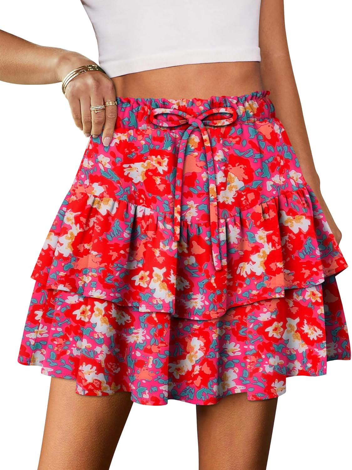 onlypuff Women's Boho Mini Skorts Flowy Butterfly Short Elastic High Waist Ruffle Tiered Skirts Summer Lounge Shorts