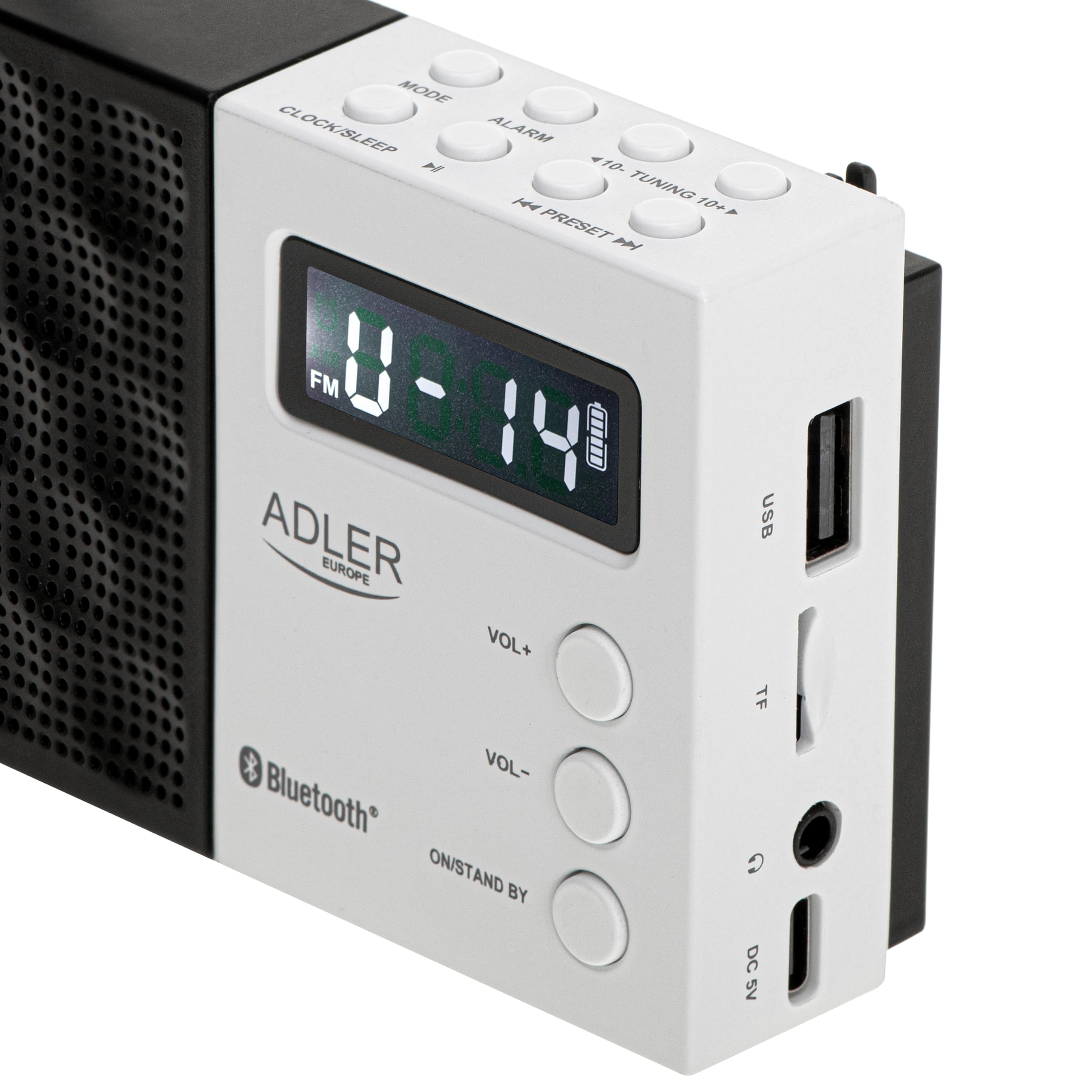 Adler Radio portatile digitale AD 1908, sintonizzazione PLL avanzata, FM con Bluetooth, schermo LCD, batteria rimovibile da 800 mAh, allarme, antenna telescopica, nero e bianco