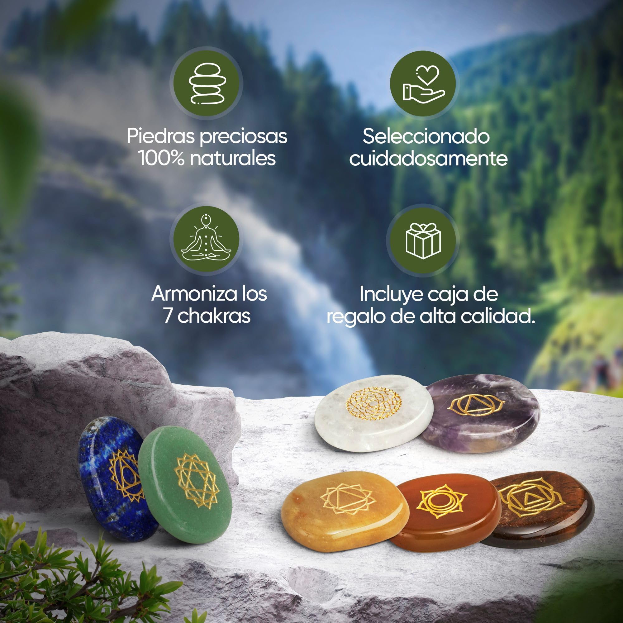 PURAJA Conjunto de Chakras Premium con los 7 principales cristales | Set de piedras curativas de cristales | Piedras de los Chakras con símbolos | Piedras curativas artesanales para meditación