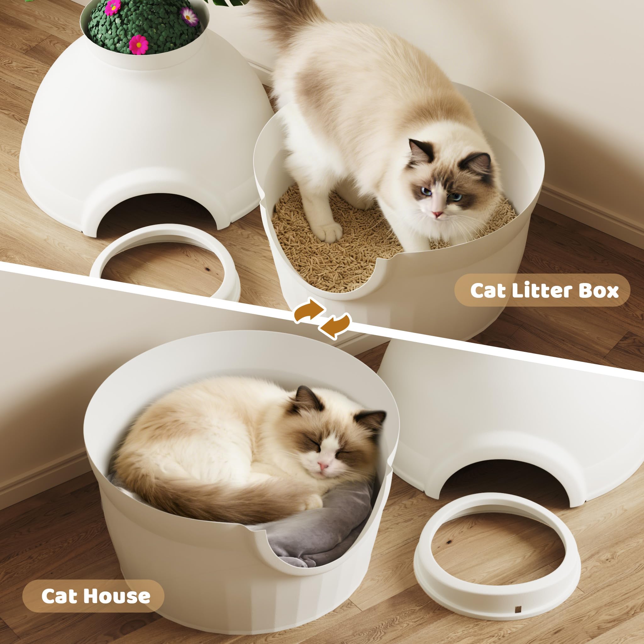 Mondeer Caja de Arena para Gatos con Planta sintética, Bandeja de Arena Oculta con Filtro de Olor, casa para Gatos para Sala de Estar, Dormitorio, Esquina, Incluye 2 cucharas y Juguete, Color Blanco