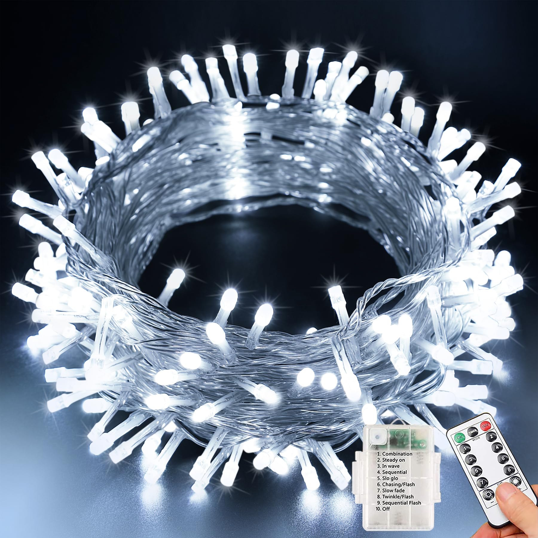 Bollengold Fairy Lights Battery Operated 12m/120LEDs String Lights Waterproof, 8 Modes/Remote/Timer Bright Cool White String Lights, Indoor Christmas Tree Wedding Party Decorations (Cool White) — image 1