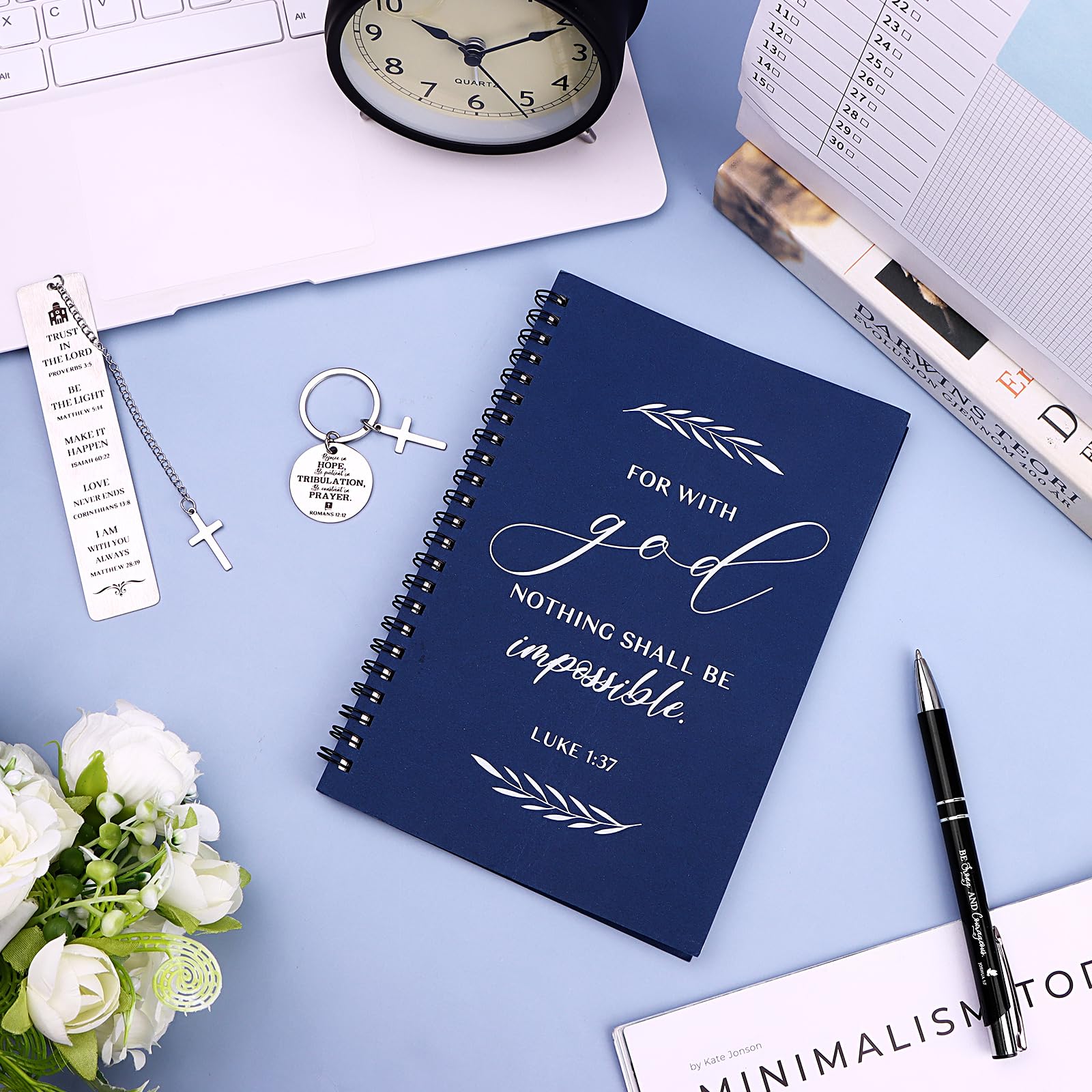 HAOWANWW 4Sets Christian Religious Gift with Christian Spiral Notebook Journal Inspirational Bible Verse Ballpoint Pen Keychain Religious Scripture Bookmarks for Women Men Sunday School Church - Image 4