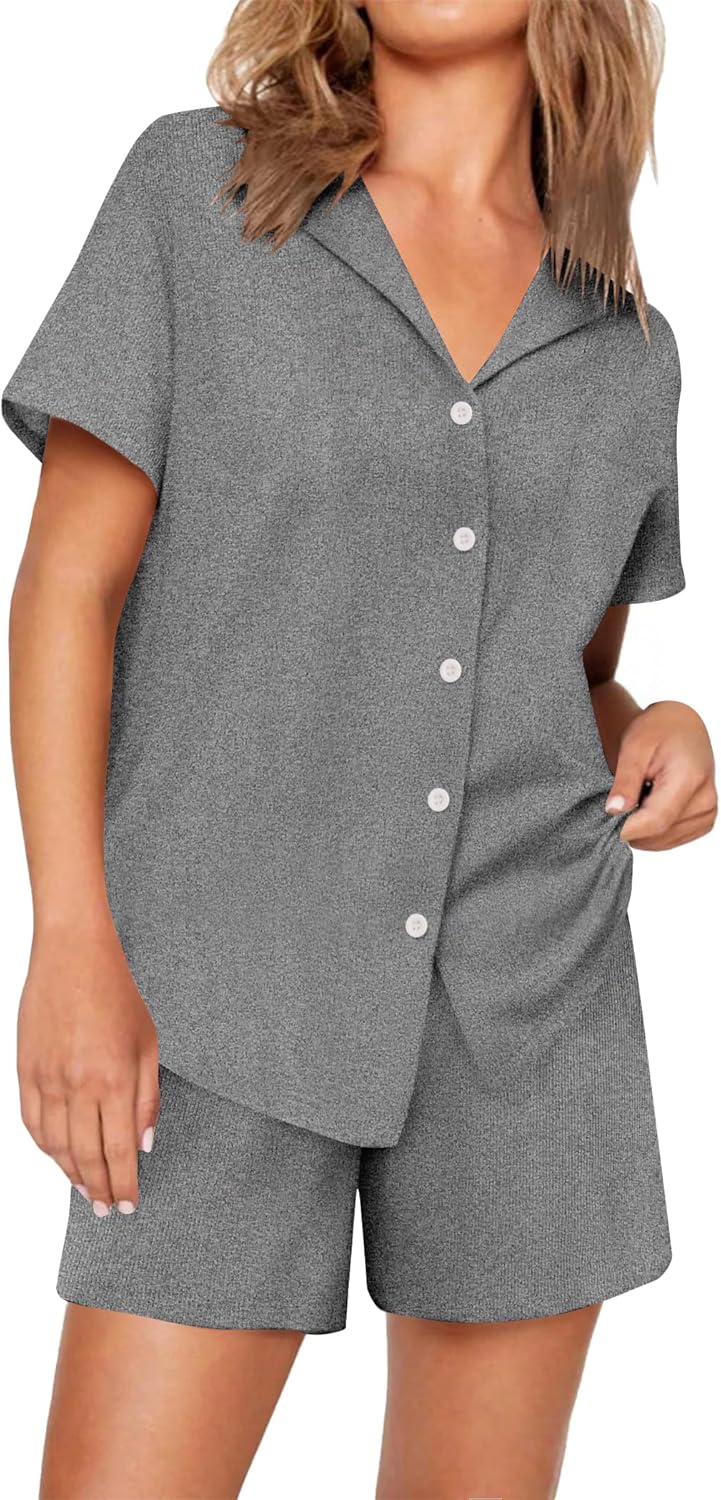 Ekouaer Womens Ribbed Knit Pajama Set Short Sleeve Soft Comfy Pj Set 2 Piece Lounge Set with Pockets Sleepwear S-XXL Small Light Grey
