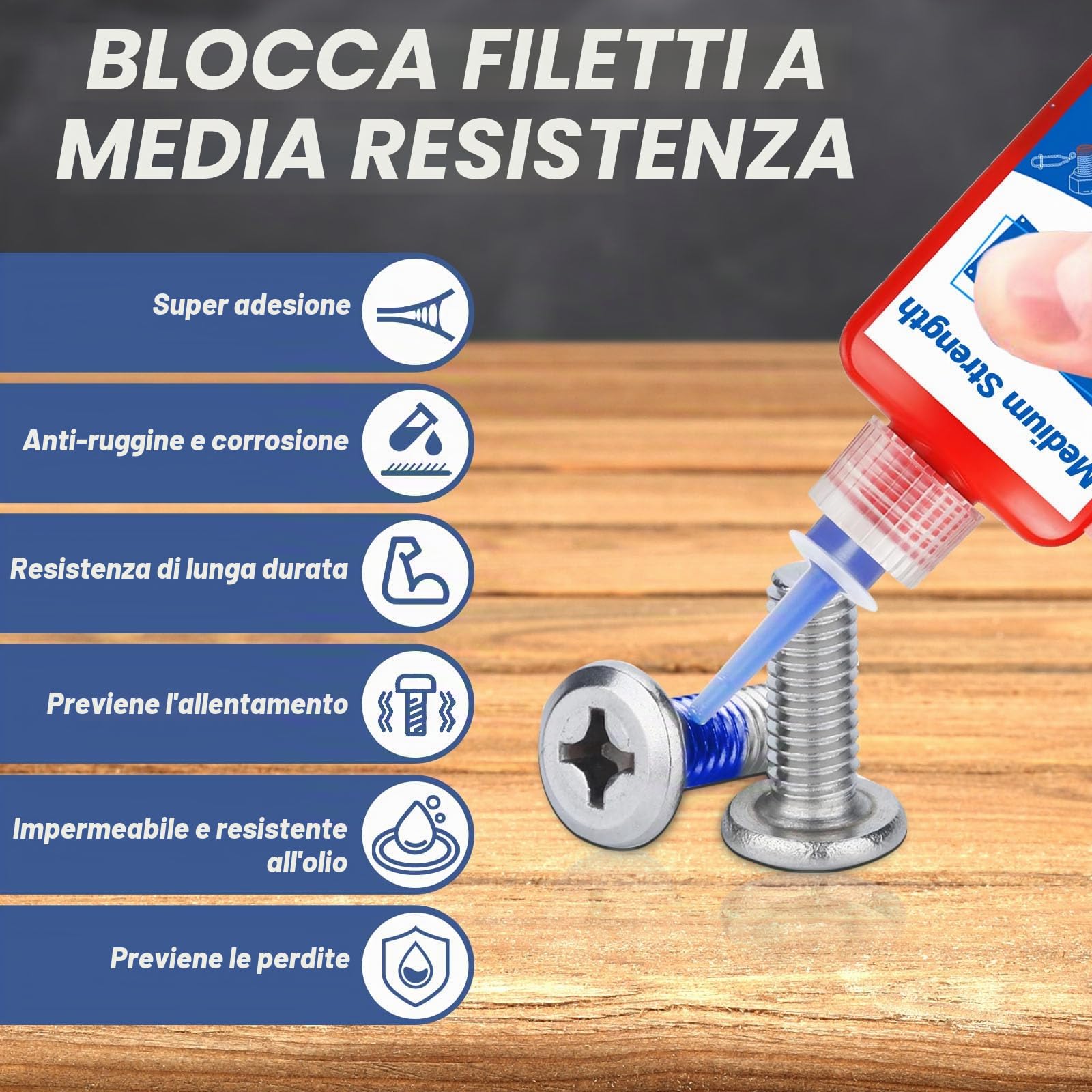 50 ml Frenafiletti Medio, Frena Filetti Blu a Media Resistenza, Blocca e Sigilla Dadi e Bulloni, Evita Allentamenti e Perdite, Stabile, Antiruggine | adesivo per viti per riempire spazi vuoti, fissare e sigillare dadi, bulloni, stabile e antiruggine, cont