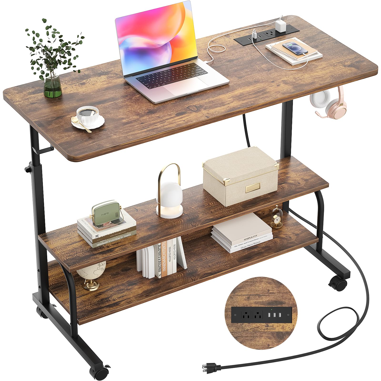 iSunirm Rolling Standing Desk with UK Power Outlets & USB, Height Adjustable Desk on Wheels, Small Portable Desk for Home Office, Industrial C-Shaped Study Table & Bedside Laptop Desk Brown