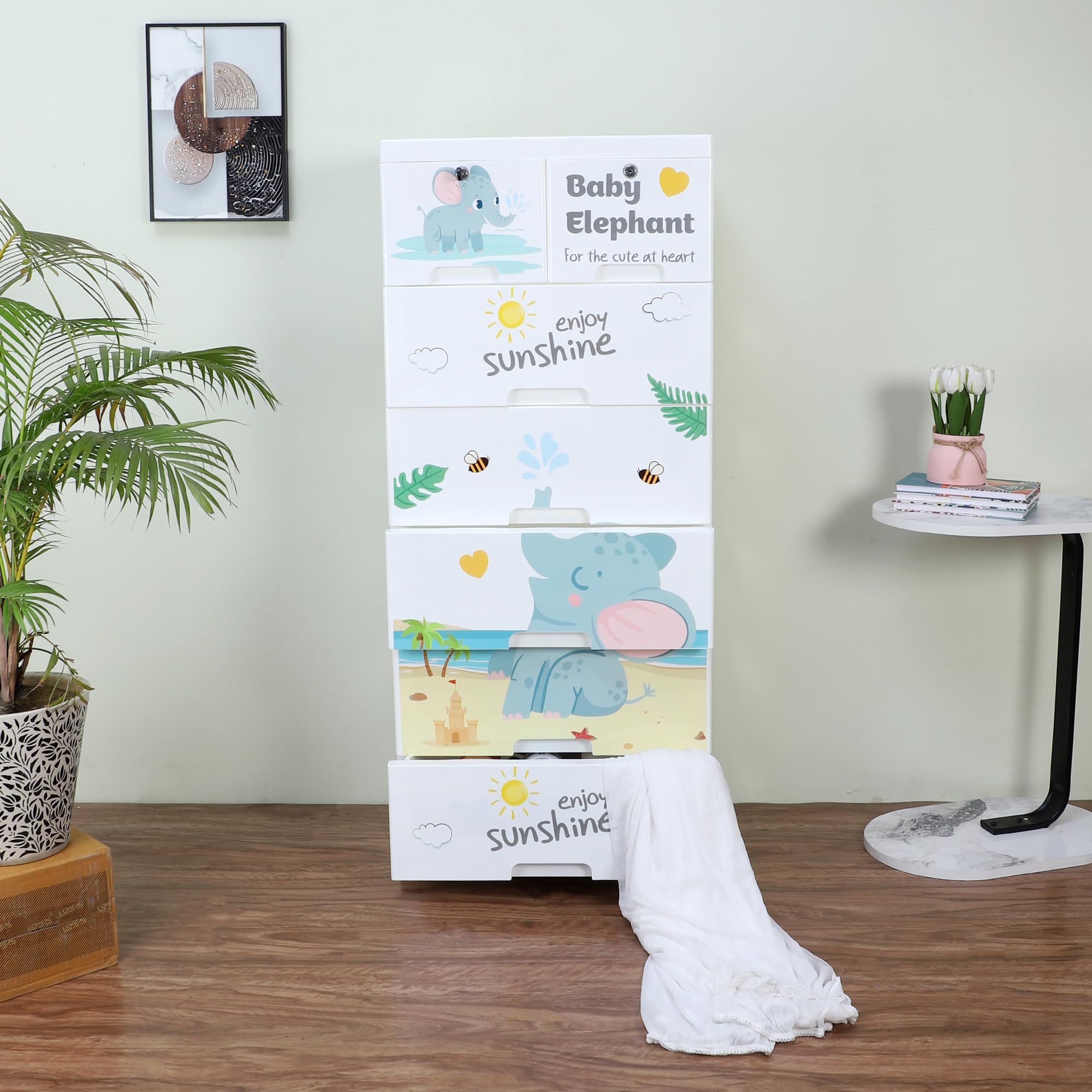 Plastic Chest of 7 Drawers for Kids | Multipurpose Organizer in Blue Theme with Elephant Print | Glossy Dresser with 2 Locks | L51xW33xH121 cm | White & Blue-image-49
