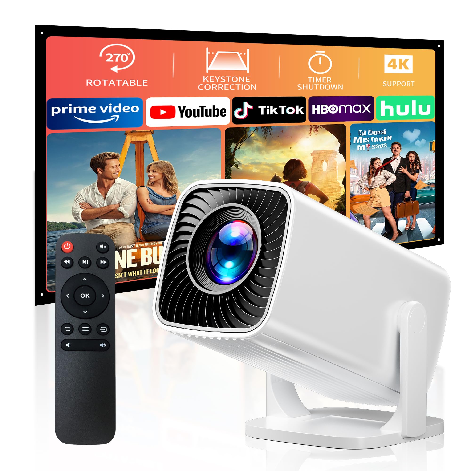 Photo 1 of Mini Projector with 4K Support, Portable Projector with Electric Focus & Keystone, 270° Rotatable Stand, Short Throw Home & Outdoor Movie Projector Compatible with TV Stick, Phone & Laptop