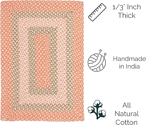 Miniatura 3 de Super Area Rugs Alfombra trenzada para habitación de niños, alfombra de algodón lavable, Waterbury, coral y verde, alfombra de pasillo de 2 x 6 pies