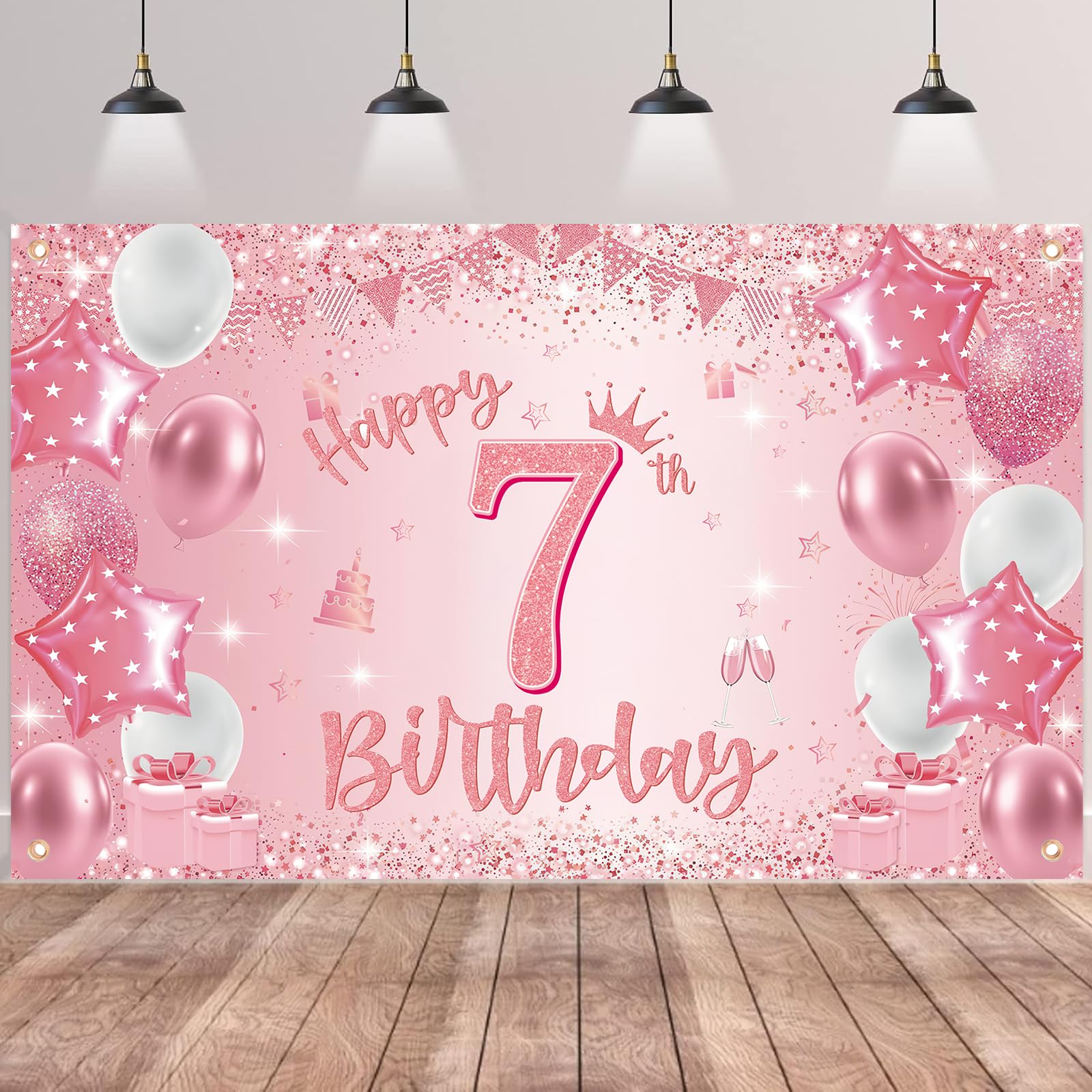 Happy 7th Birthday Banner Backdrop - Pink Decoration Backdrop Milestone Photography Background, Fabric Sign Poster for 7 Years Old Girls Birthday Party Supplies — image 1